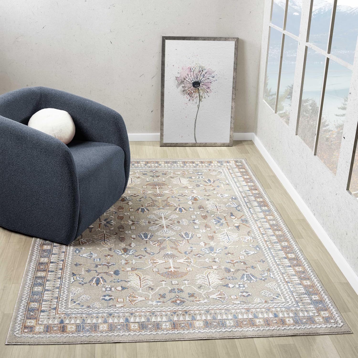 LR Home 2 x 3 Machine Washable Indoor Area Rug for Home Decor | Contemporary Geometric Carpet for Living Room Decor | Modern Transitional Rug Suitable for Bedroom, Living Room, Office | Beige/Blue