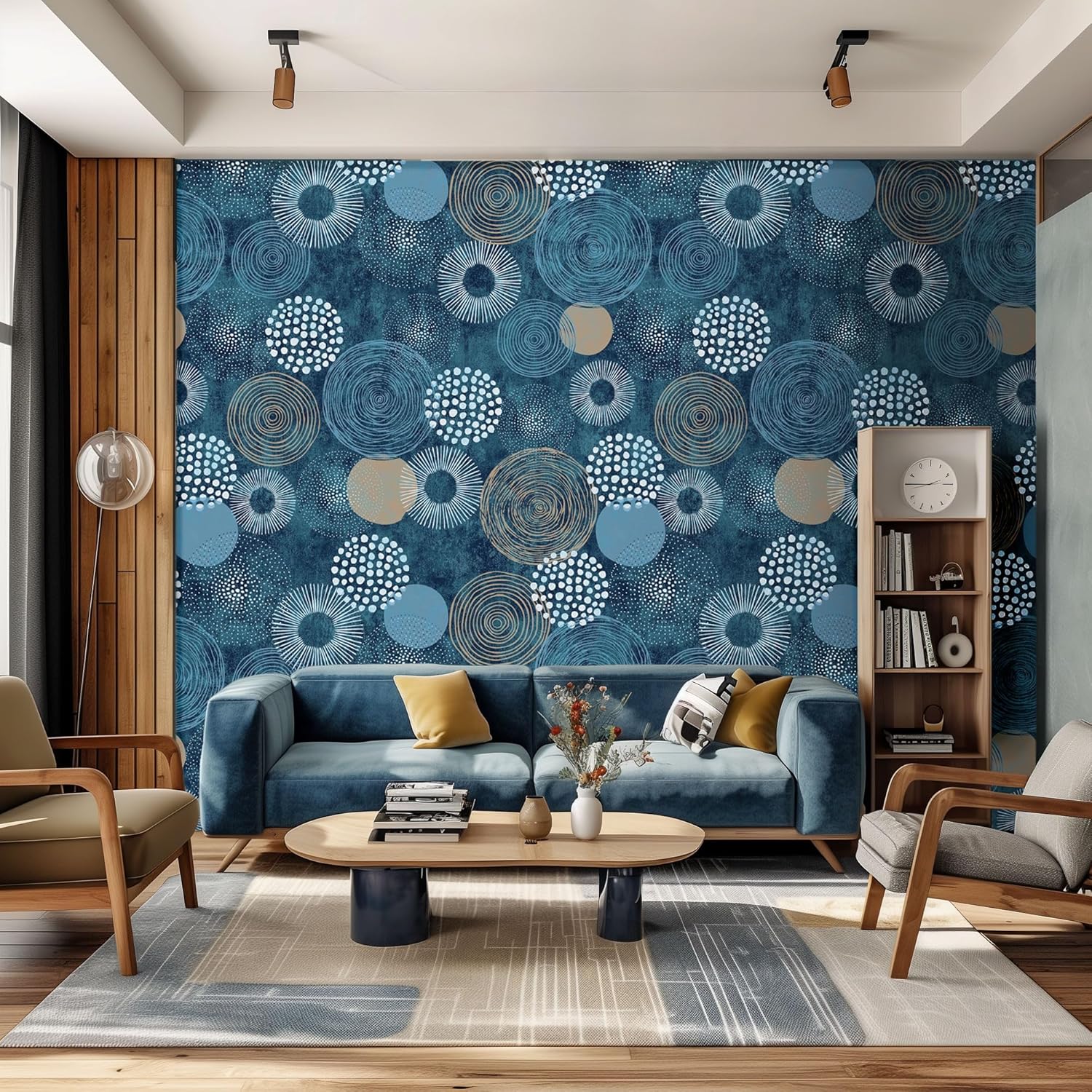 AMUGISH Mid-Century Blue Boho Pattern Wall Mural Wallpaper | Peel and Stick | Retro Chic for Living Room, Bedroom, Kitchen, Nursery - 101''W x 75''H Peel and Stick