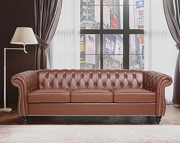 DEINPPA Chesterfield Faux Leather Fabric Sofa with Rolled Arm and Nailhead 84" Modern Design Three Seater Sectional Couch for Home Furniture Faux Leather, Light Brown