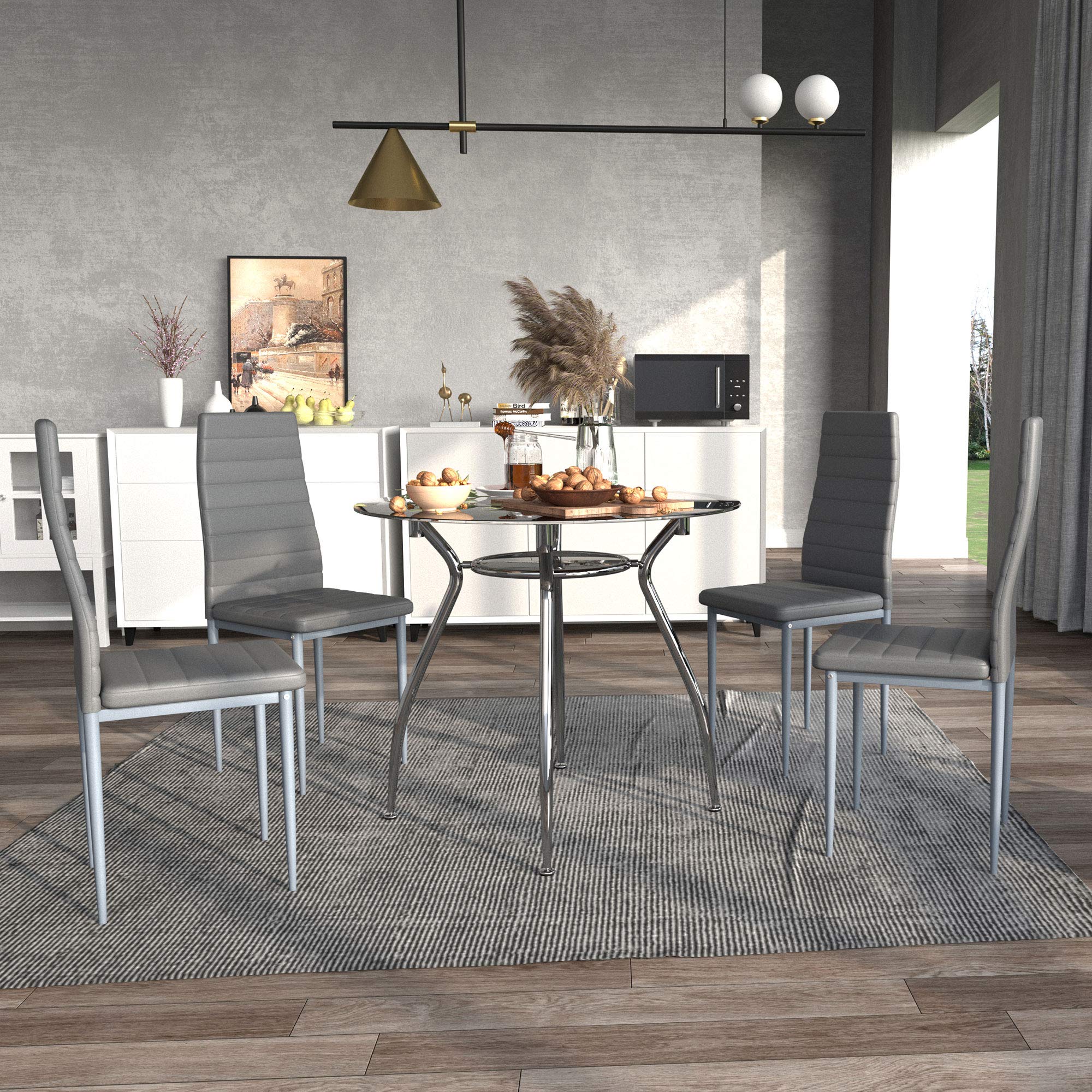 HOMCOM Conjunto de Mesa y Sillas de Comedor Juego de Mesa de Cocina con 4 Sillas con Tablero Vidrio Templado y Patas de Acero Carga 120 kg Gris