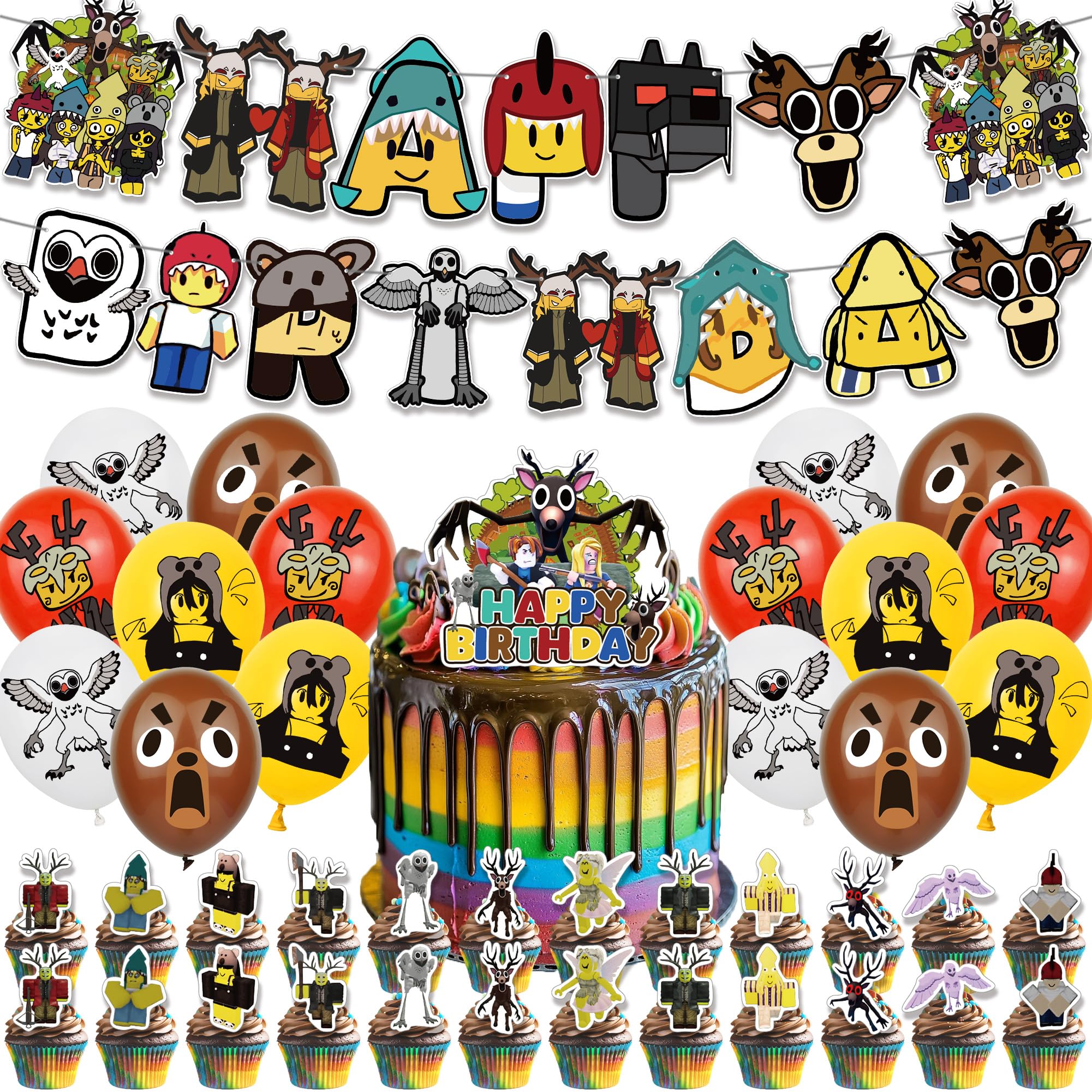 99 Nights in The Forest Birthday Party Decorations: Banner, Balloons, Cake Toppers Cupcake Topper Cake Decoration, Ribbon