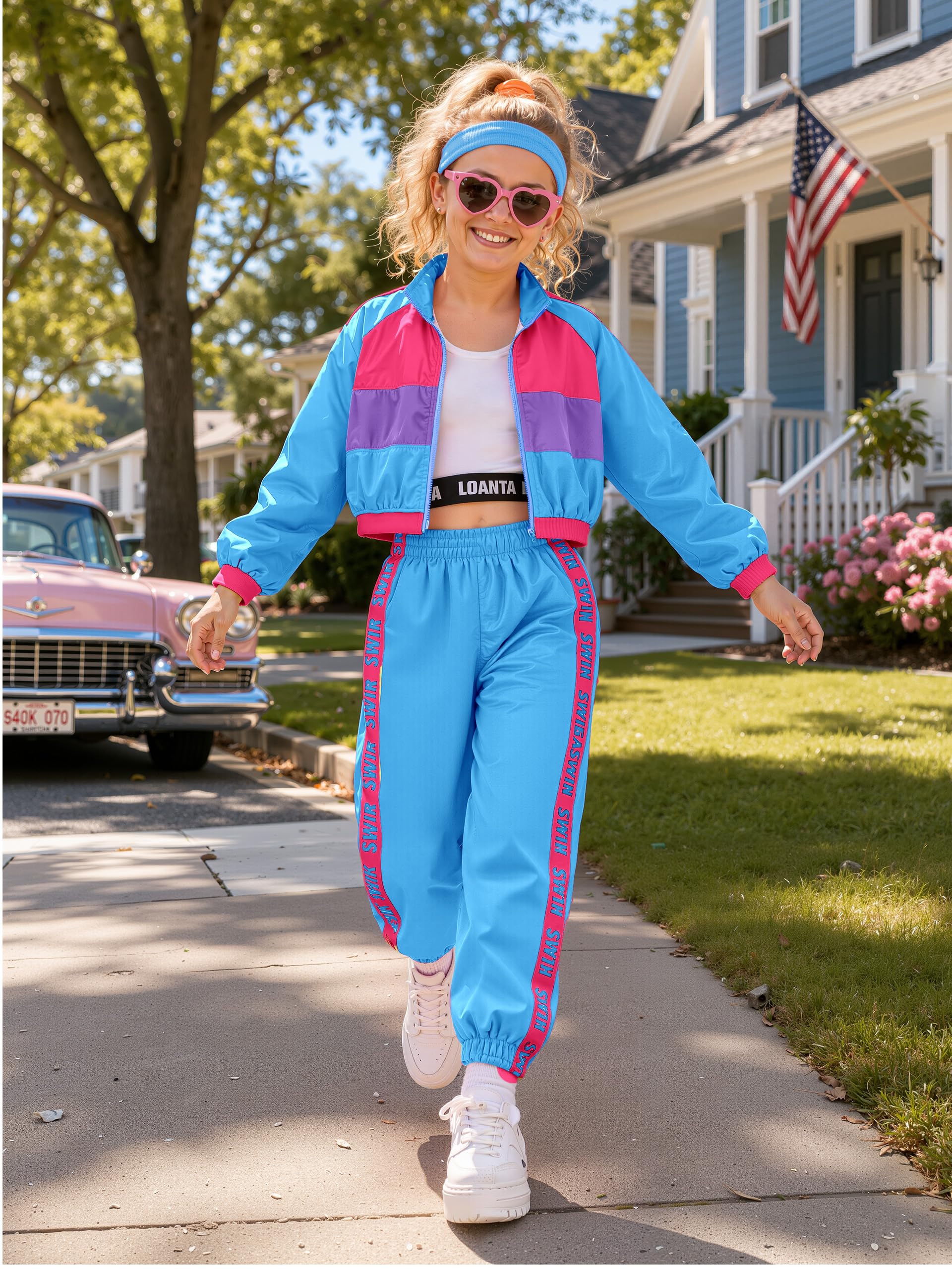 LOLANTA 3 pezzi vestiti hip hop per ragazze, tuta colorblock retrò anni '80, canotta corta, giacca con cerniera, pantaloni jogger 4-13 anni