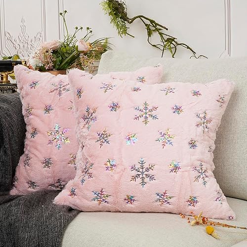 Miniatura 9 de YOUR SMILE Juego de 2 fundas de almohada de Navidad con copos de nieve, decoración de vacaciones, funda de cojín de felpa de terciopelo suave para