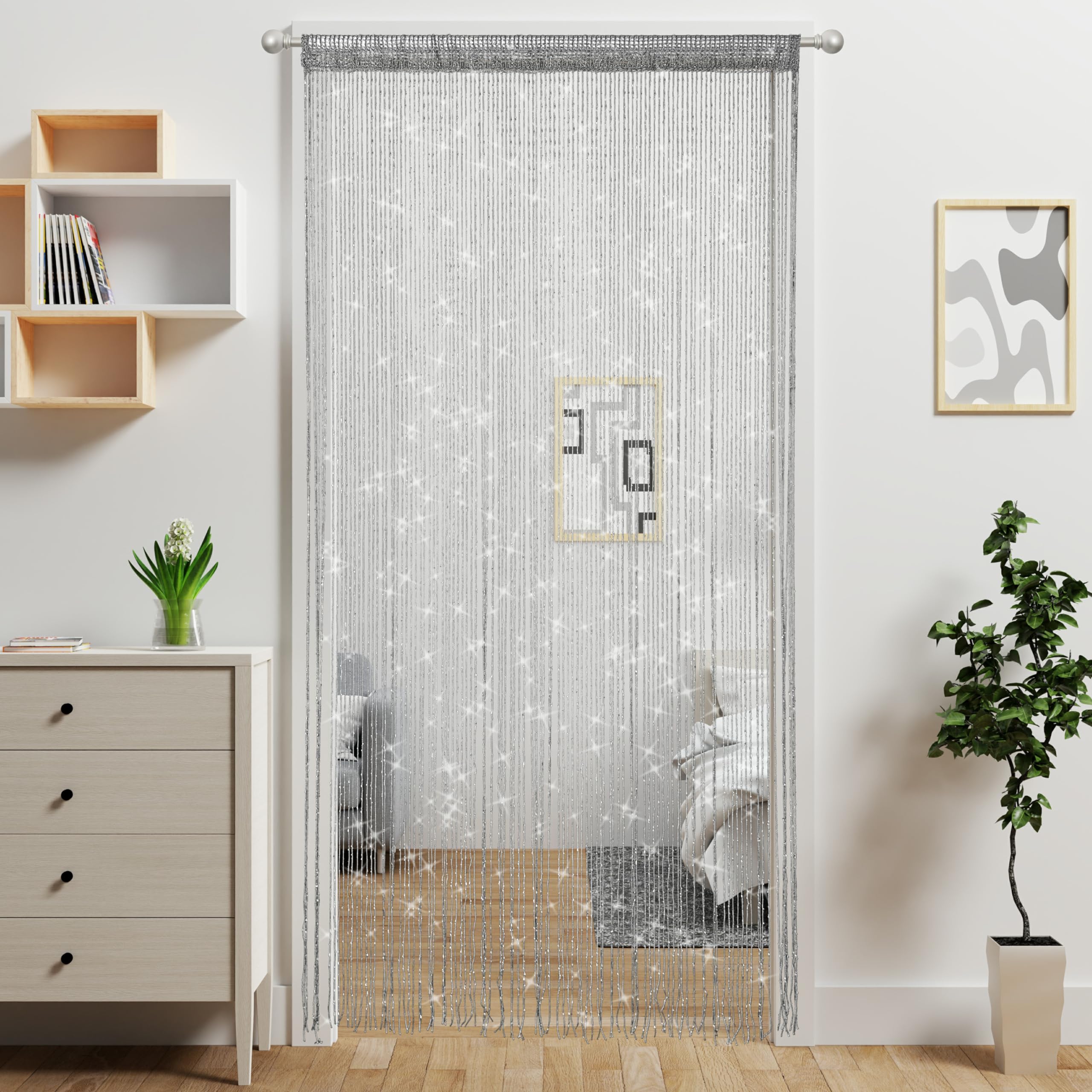 Lot de 4 rideaux à ficelles à franges à paillettes pour porte, séparateur de pièce à suspendre, décoration hippie à paillettes, décoration de placard, fenêtre, mur, portes de style bohème (argent, 99