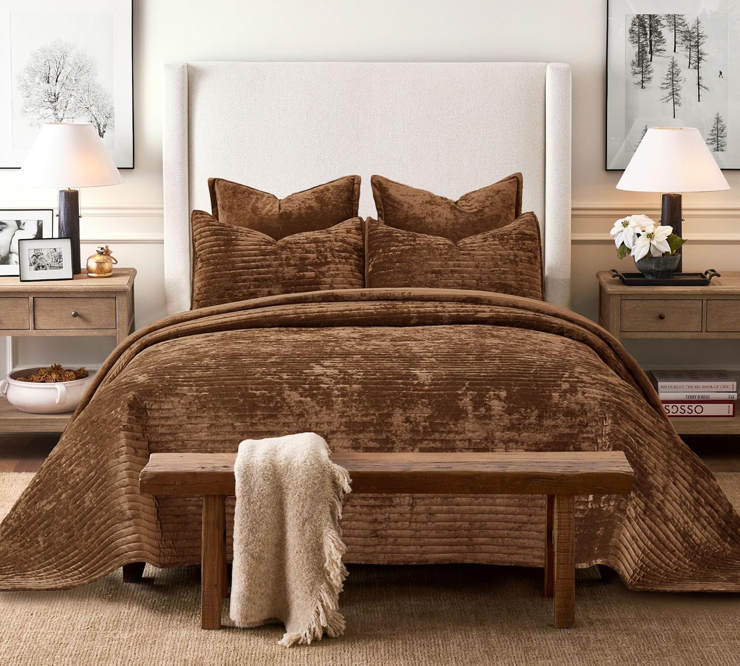 3 Pieces Luxurious Velvet Oversized King Quilt Bedding Set 106x118 Striped Bedspread Coverlet Quilted Set with 2 Pillow Shams 20x36 Ultra Soft Comforter for All Season, Caramel - Image 4