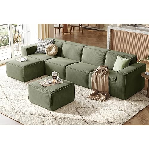 LINSY HOME Modular Sectional Sofa, 134" Boneless Couch U Shaped 4-Seat Sofa with 2 Movable Ottomans, Corduroy Sectional Cloud Couches for Living Room, No Assembly Required, Green
