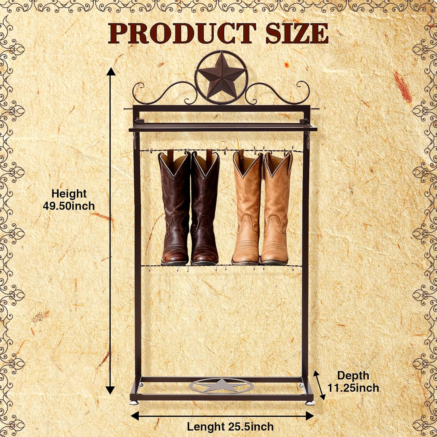 Novabright Metal Star Boot Rack Vertical Cowboy Boot Rack Storage Rustic Western Space-saving Organizer Shelf for Tall Boots Hats Belts and Accessories, 49 x 25.5 x 11 Inch, Brown - Image 3