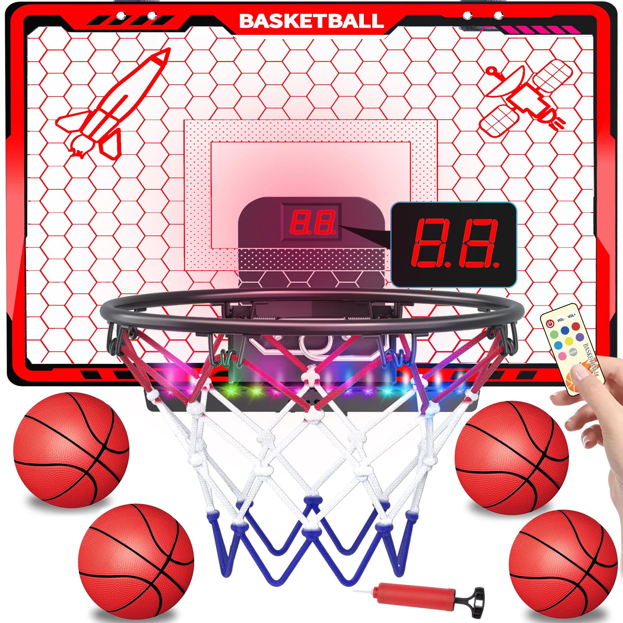 Awsoo Basketball Hoop Indoor for Kids，Mini Basketball Hoop with Colorful Light Bar，Scoreboard& 4 Basketballs, Basketball Toys Gifts for 3 4 5 6 7 8 9