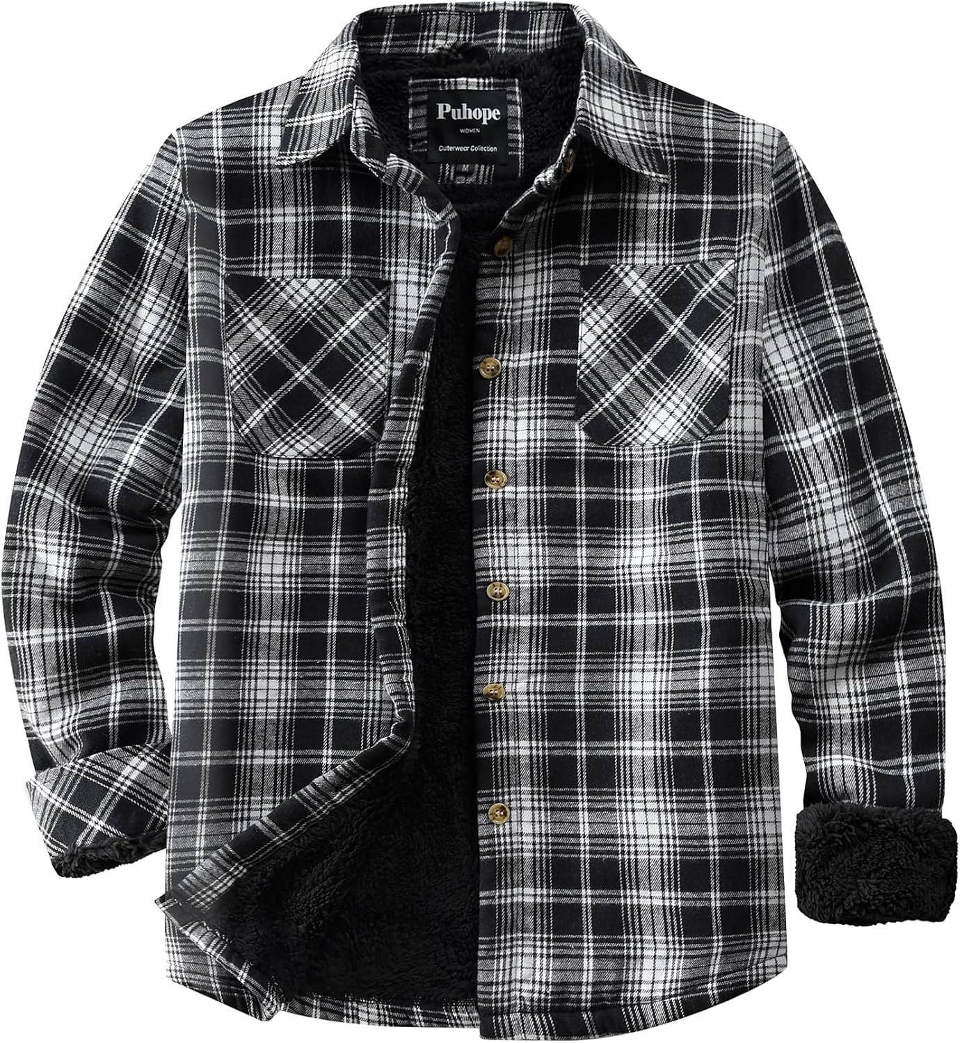Puhope Womens Sherpa Fleece Lined Flannel Jacket Button Down Plaid Lightweight Flannel Shirt Jacket Women