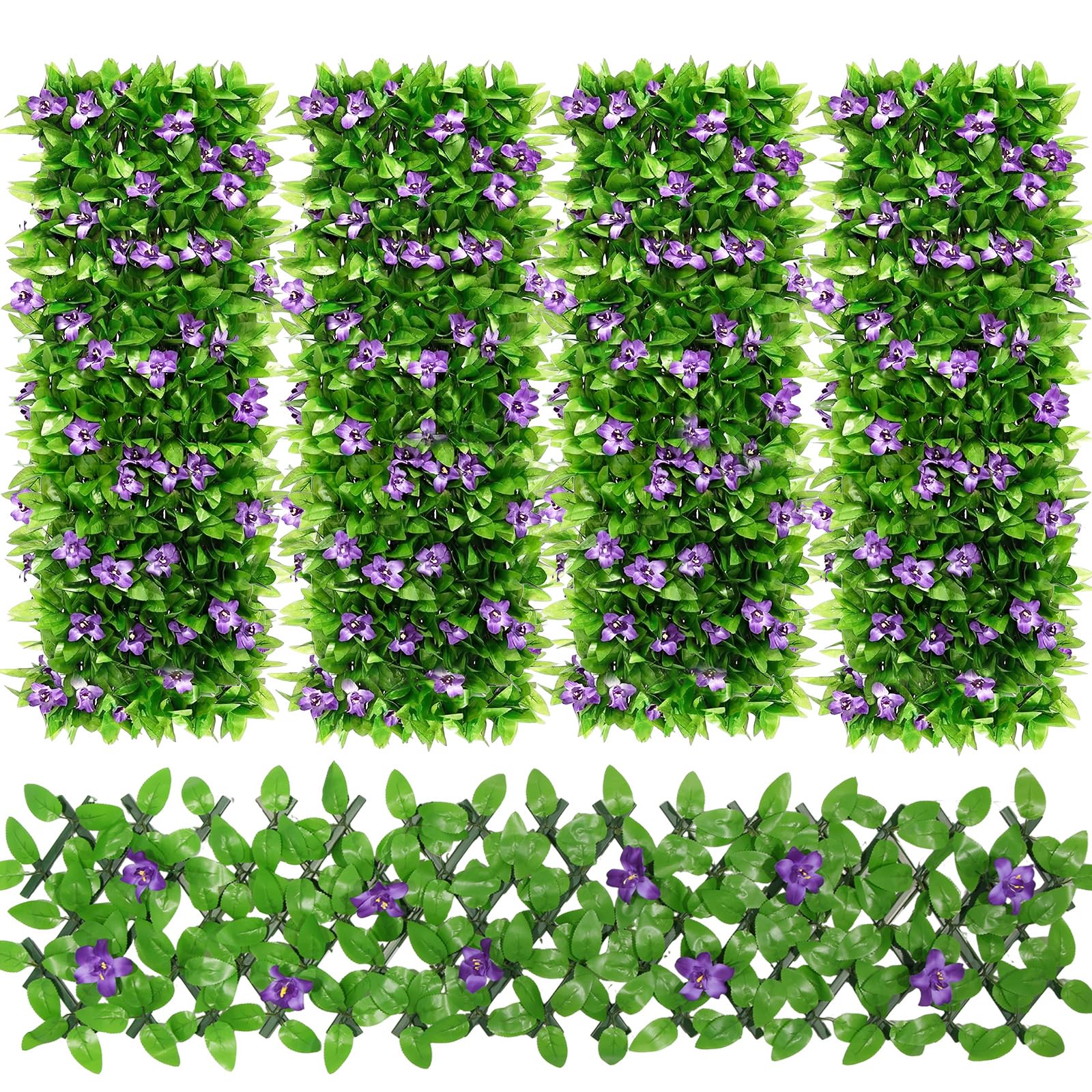 4Pcs Garden Trellis with Flowers, (40x20cm to 28x200cm) Expanding Artificial Trellis Leaf Flower Garden Screening Fence Ivy, Expandable Trellis Screening with Violet Flower for Garden Balcony Decor — image 1