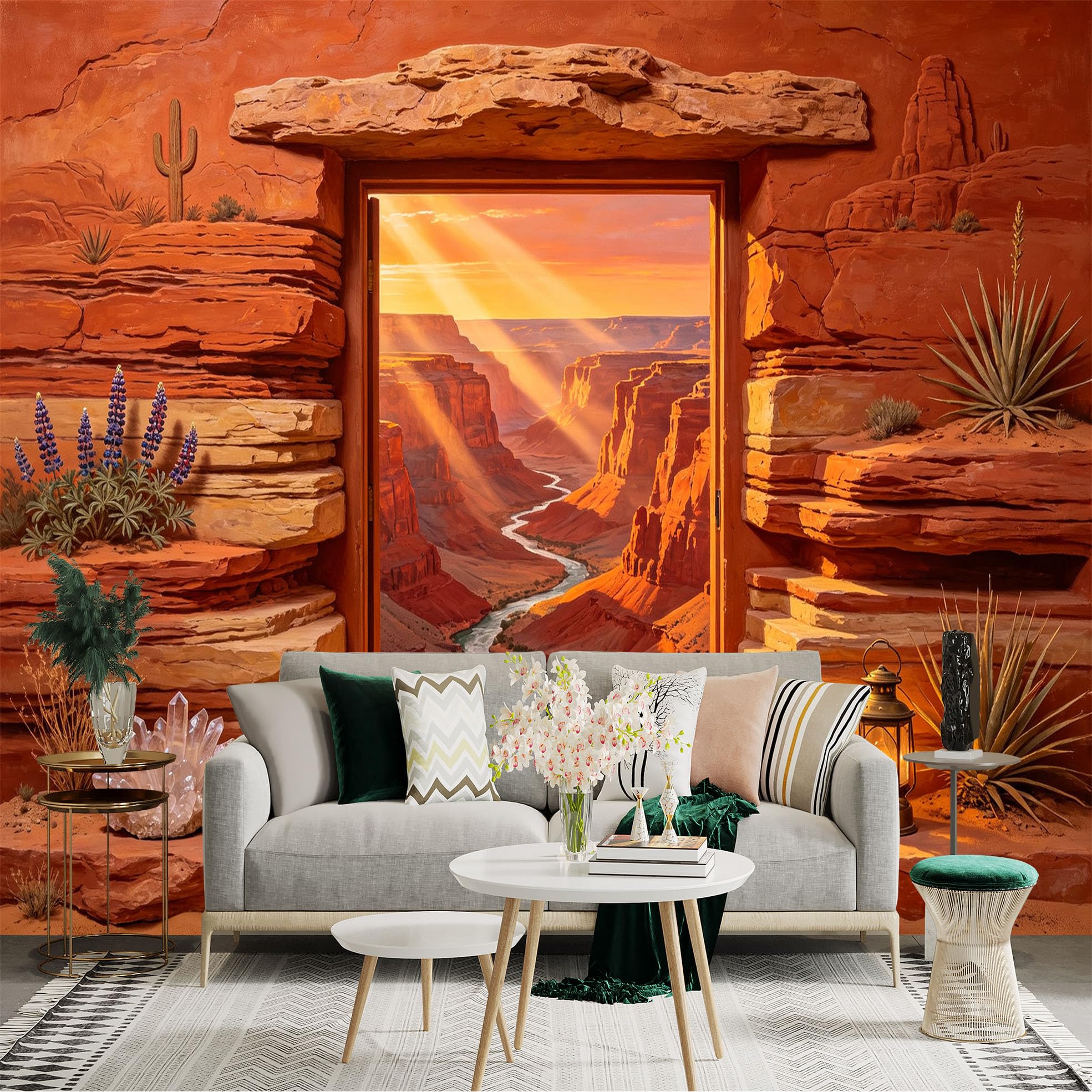 Custom Size Wall Sticker Mural， Desert Canyon Sunset with River Valley and Red Rock Landscape， for wall Decoration， peelandstick wall Decals.