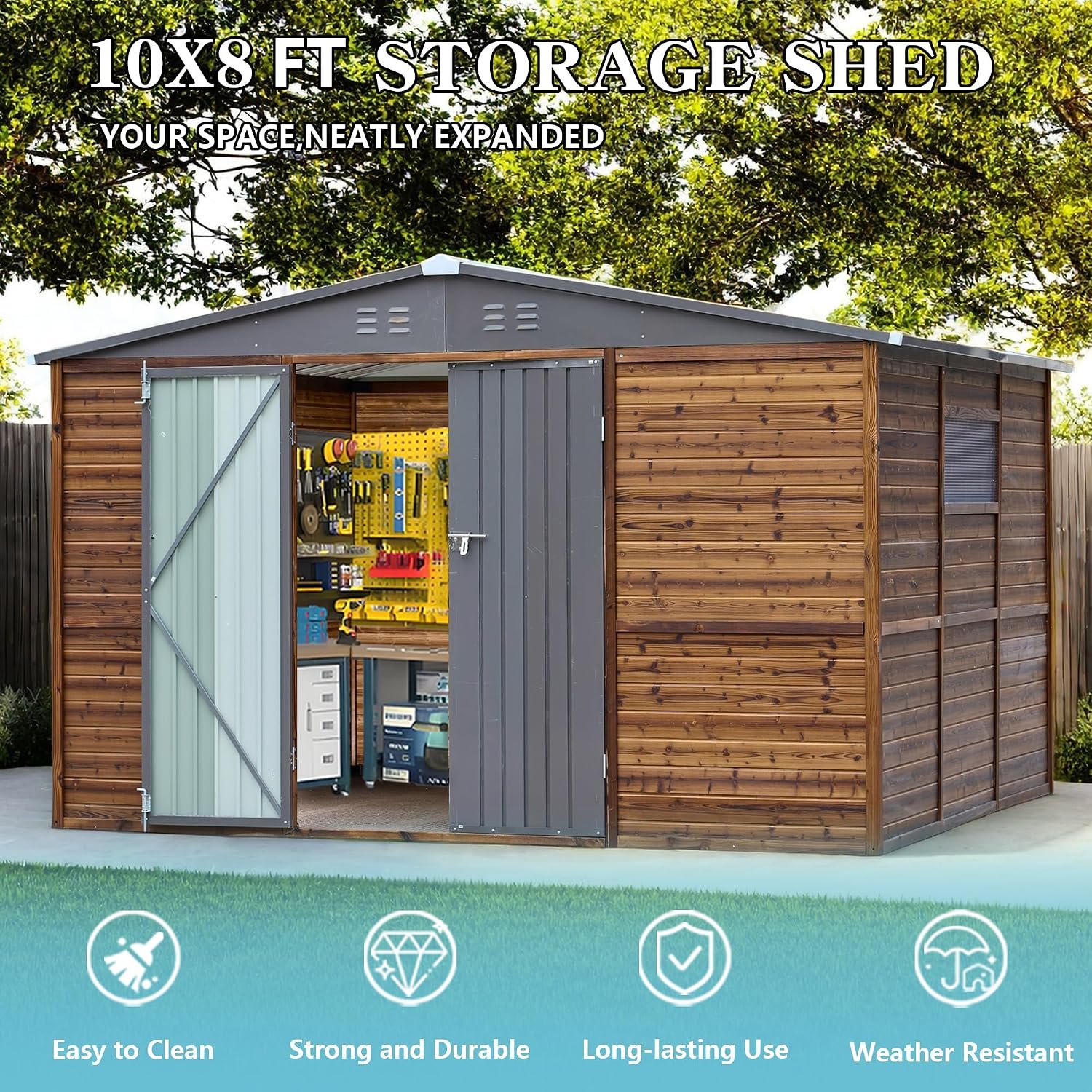 8x10 FT Outdoor Wood Storage Shed, Garden Tool Shed with Windows, Outside Storage Shed Waterproof for Backyard, Patio, Garden, 4 Vents (Without Floor) Wood Color