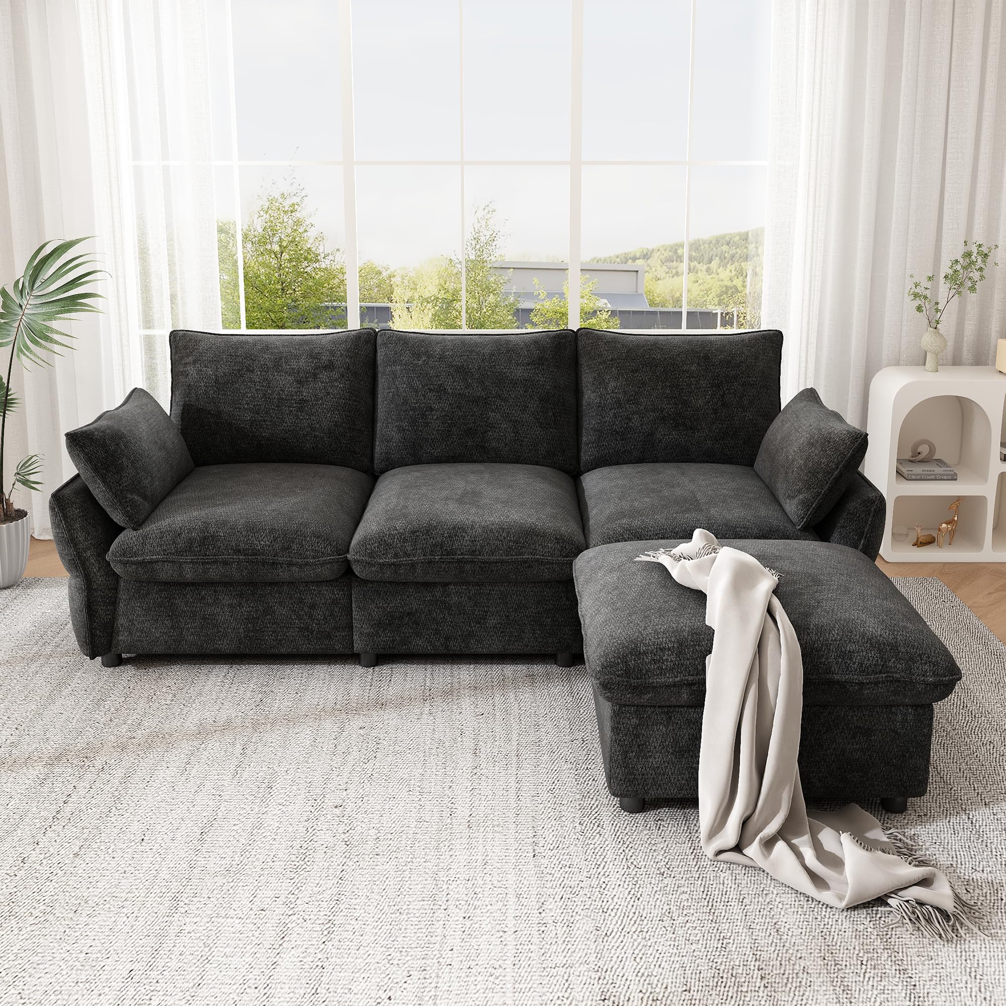 Generisch Sofa narożna ciemnoszara, 3-osobowa z taboretem, szenilowa, do salonu