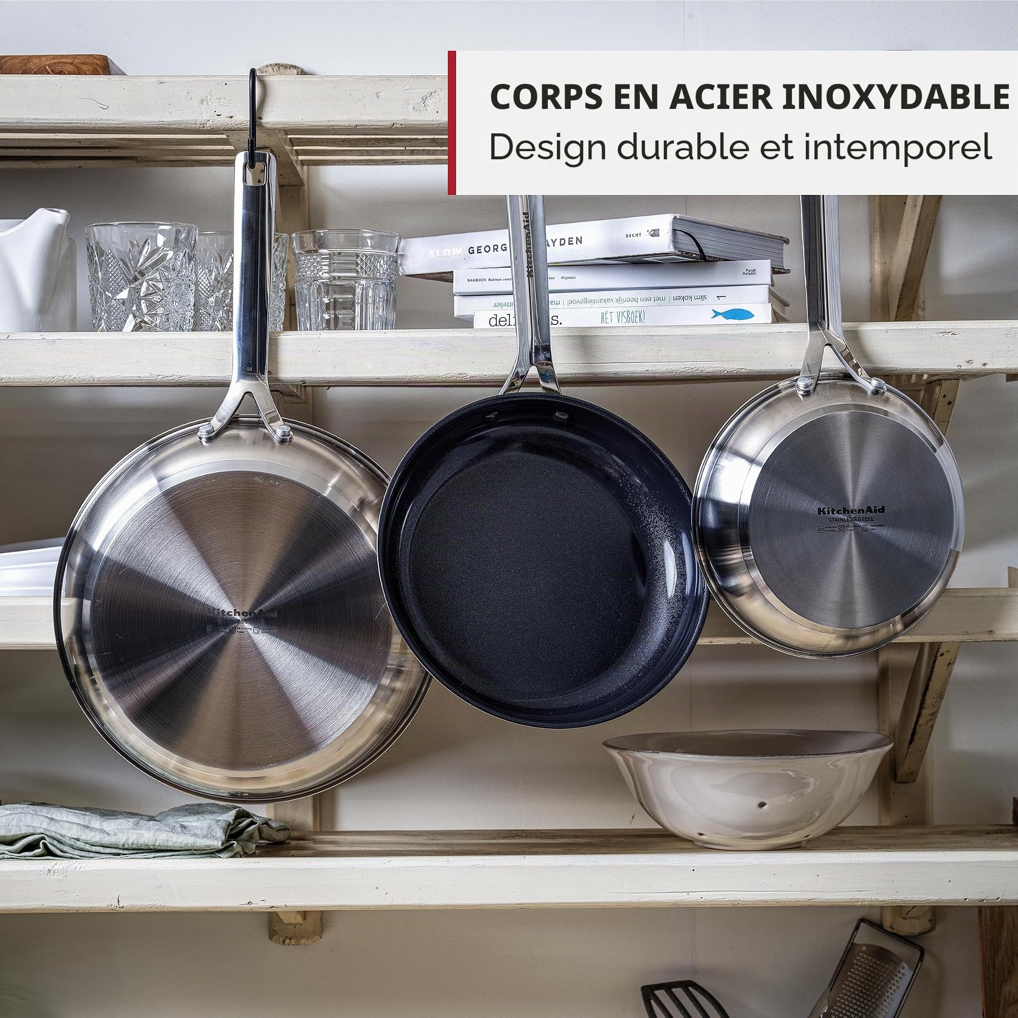 KitchenAid Stainless Steel Wok en acier inoxydable antiadhésif en céramique sans PFAS de 28 cm/3,6 litres, pour induction, four et lave-vaisselle, argenté