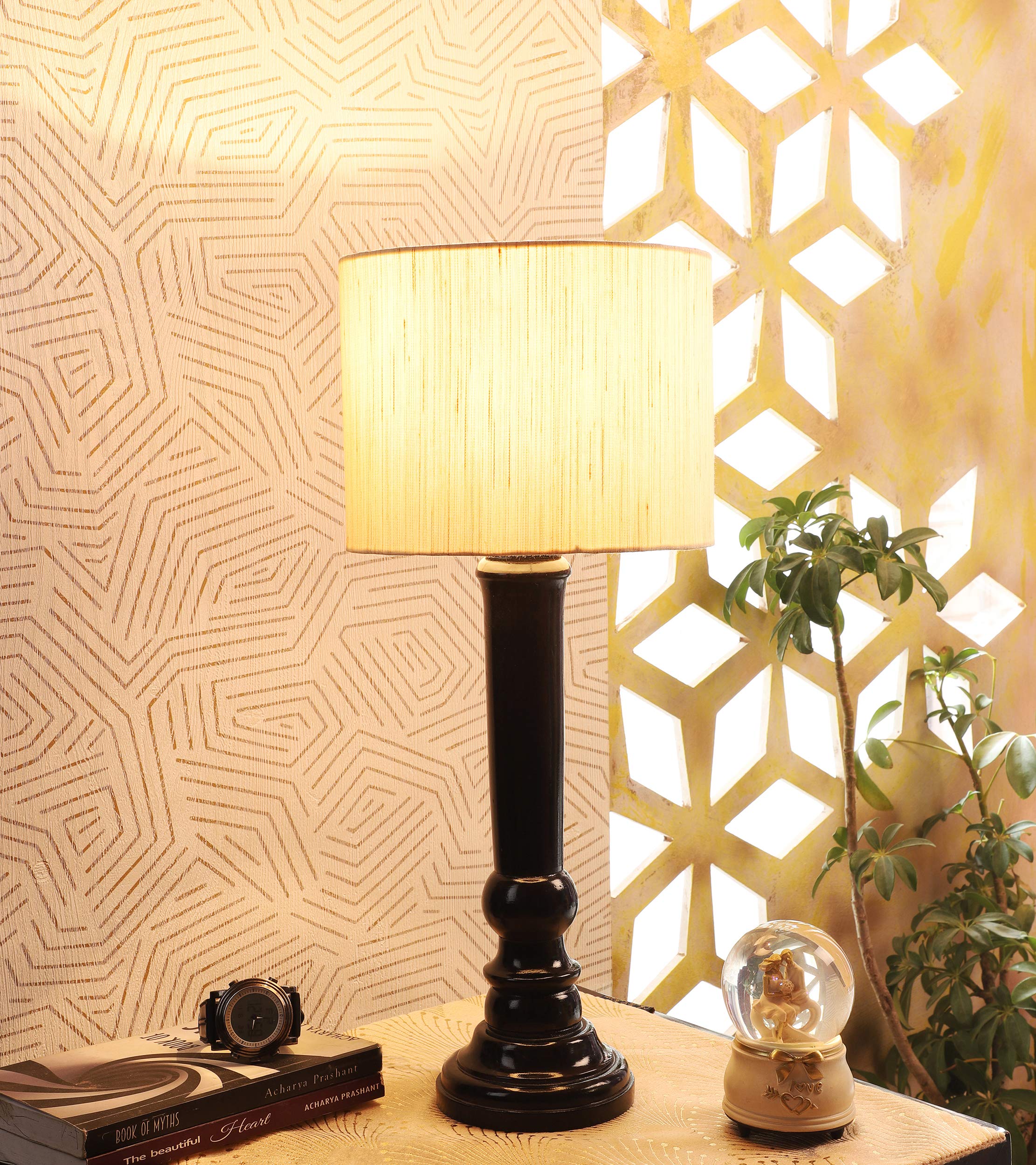 tu casa Wooden Base Table Lamp Off-White Fabric Shade 21 Inch