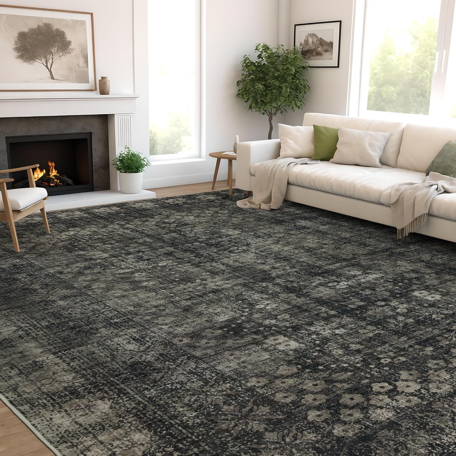 6x9 Vintage Washable Area Rug for Living Room,Low Pile Non Slip Carpet Non-Shedding Area Rug Soft Indoor Stain Resistant Rug Floral Print Mat for Bedroom Dining Room Black