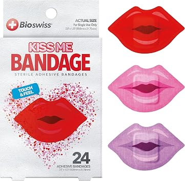BioSwiss Bandages, Lips Shaped Self Adhesive Bandage Set, Latex Free, Sterile Wound Care, 24 Count