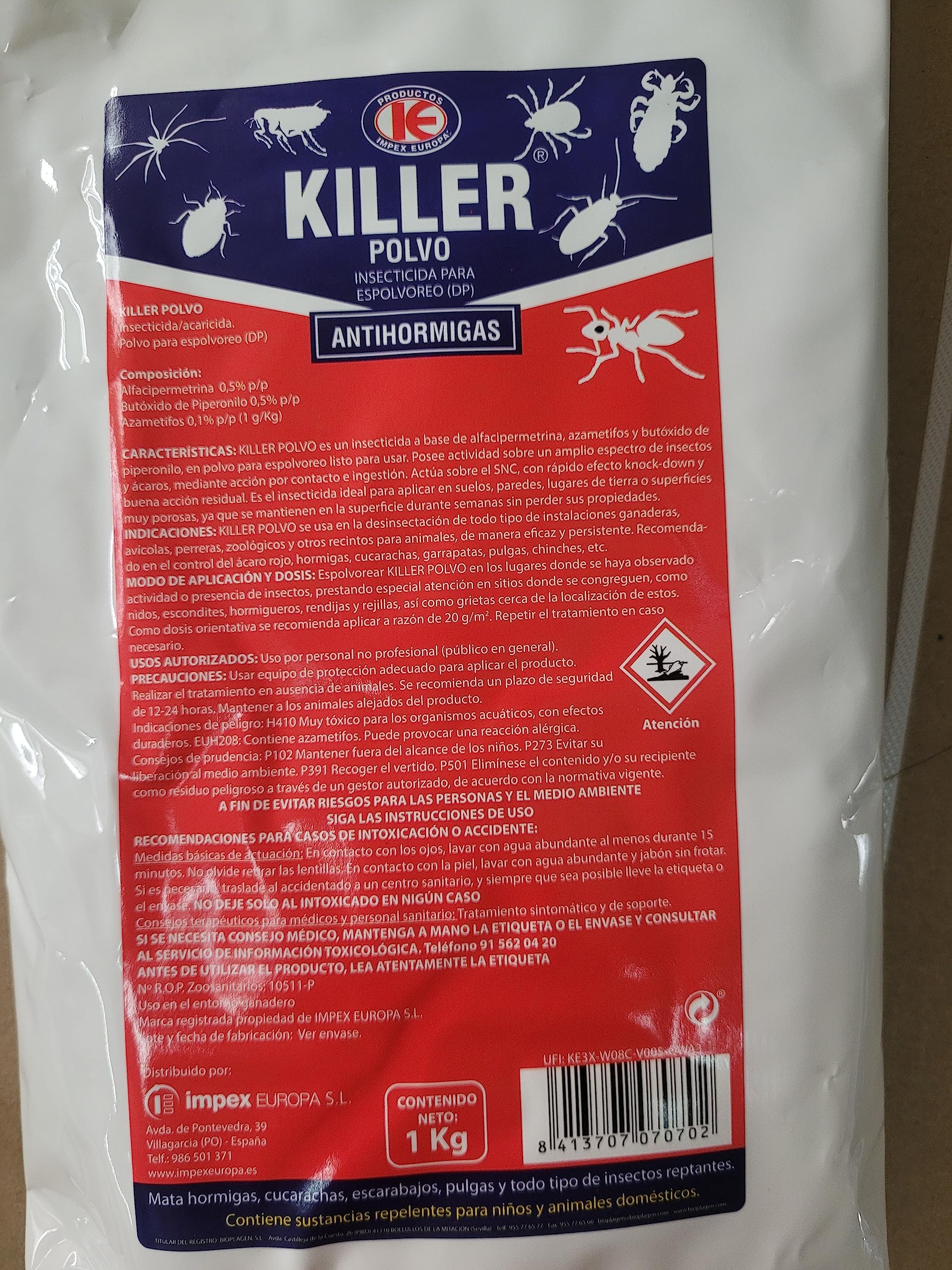Peyca Killer Polvo insecticida 1kg, Pack 2 Unidades, para Todo Tipo de Rastreros - Impex Europa