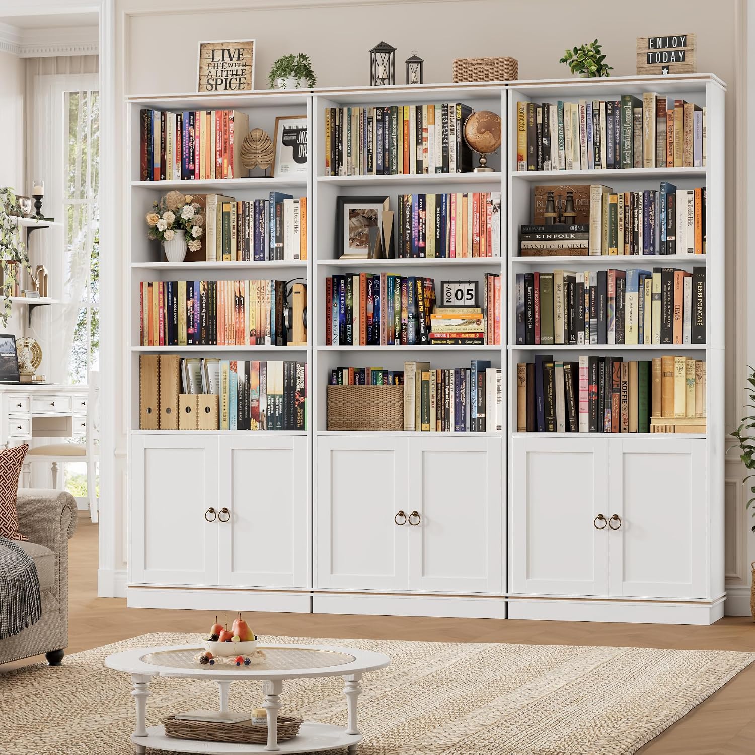 HOSTACK 71" Tall Book Shelf and Bookcase with Doors, 6 Tier Wooden Bookshelf with Storage Cabinet, White Farmhouse Bookshelves and Bookcases, Free Standing Display Shelves for Home Office, Living Room