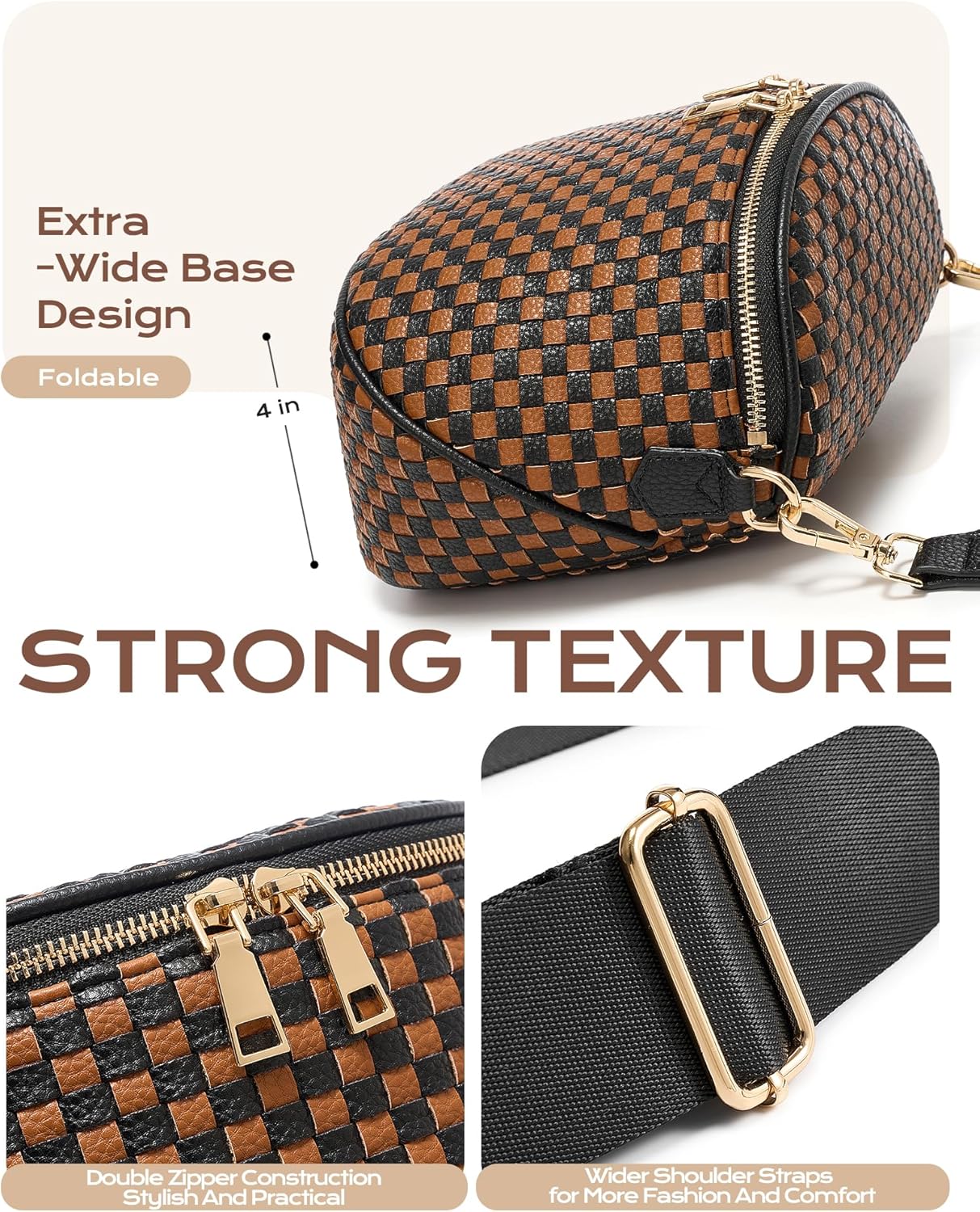Trendy Woven Checkered Crossbody Bum Bag for Women,PU Leather Checkered Purse Fanny Packs Belt Bag (Woven Bum Bag - Black-Brown) - Image 5