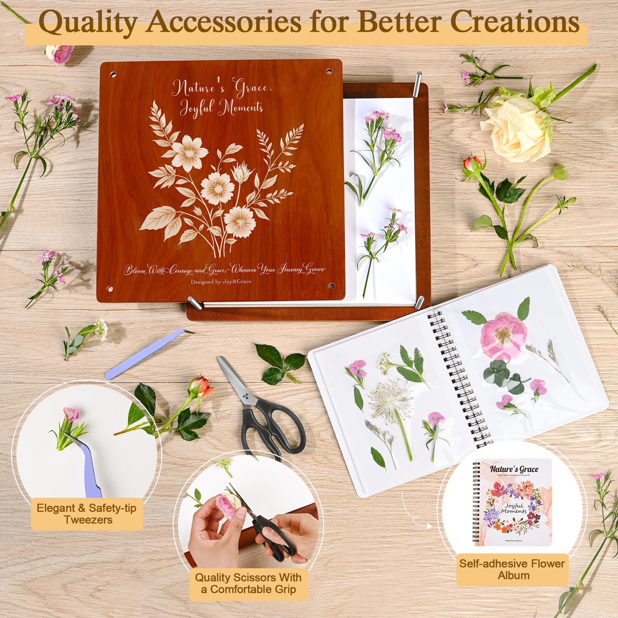 Kit de presse à fleurs Joy&Grace 27,7 x 27,7 cm 10 couches avec album photo DIY acajou