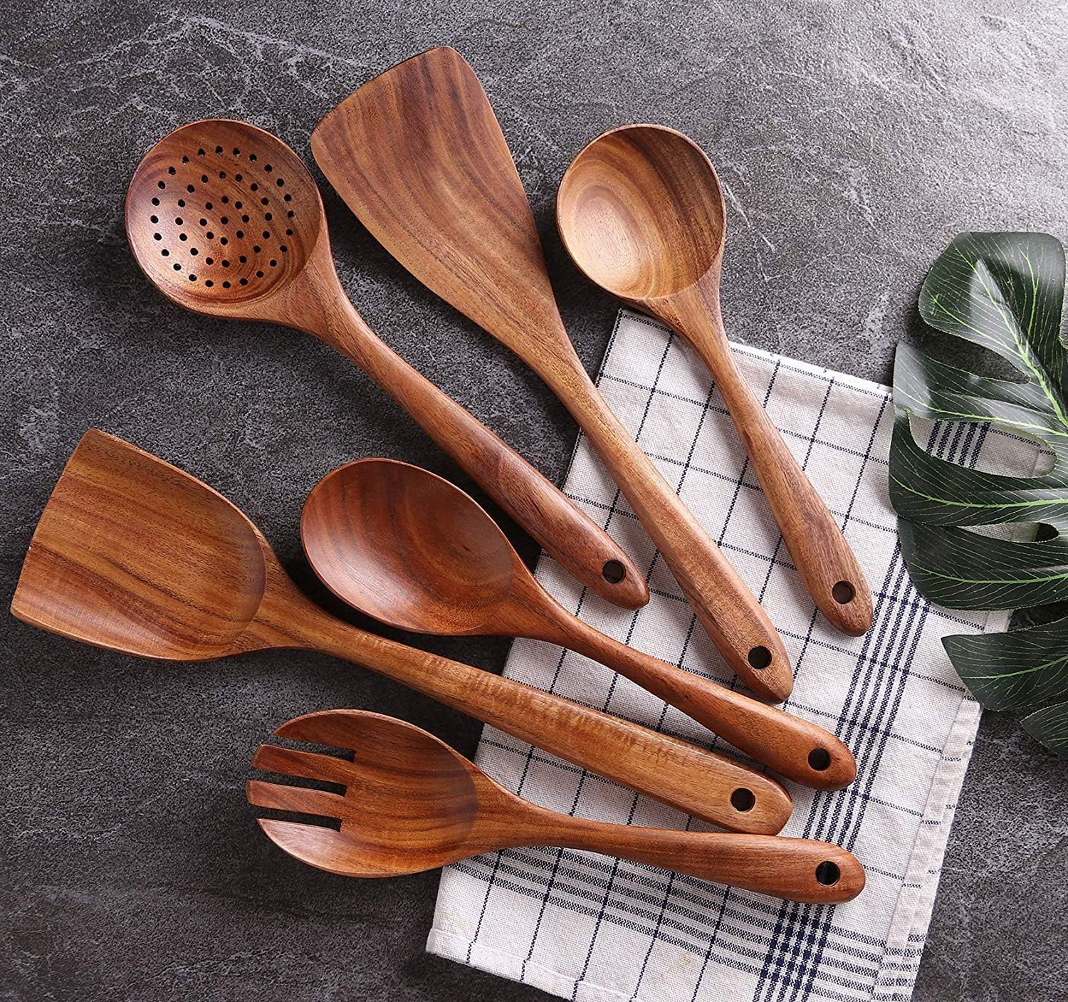 Wooden Kitchen Utensil Set 6 Cooking Utensils Spatula Spoons for Cooking Nonstick Cookware, 100% Handmade by Natural Teak Wood