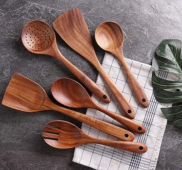 Wooden Kitchen Utensil Set 6 Cooking Utensils Spatula Spoons for Cooking Nonstick Cookware, 100% Handmade by Natural Teak Wood