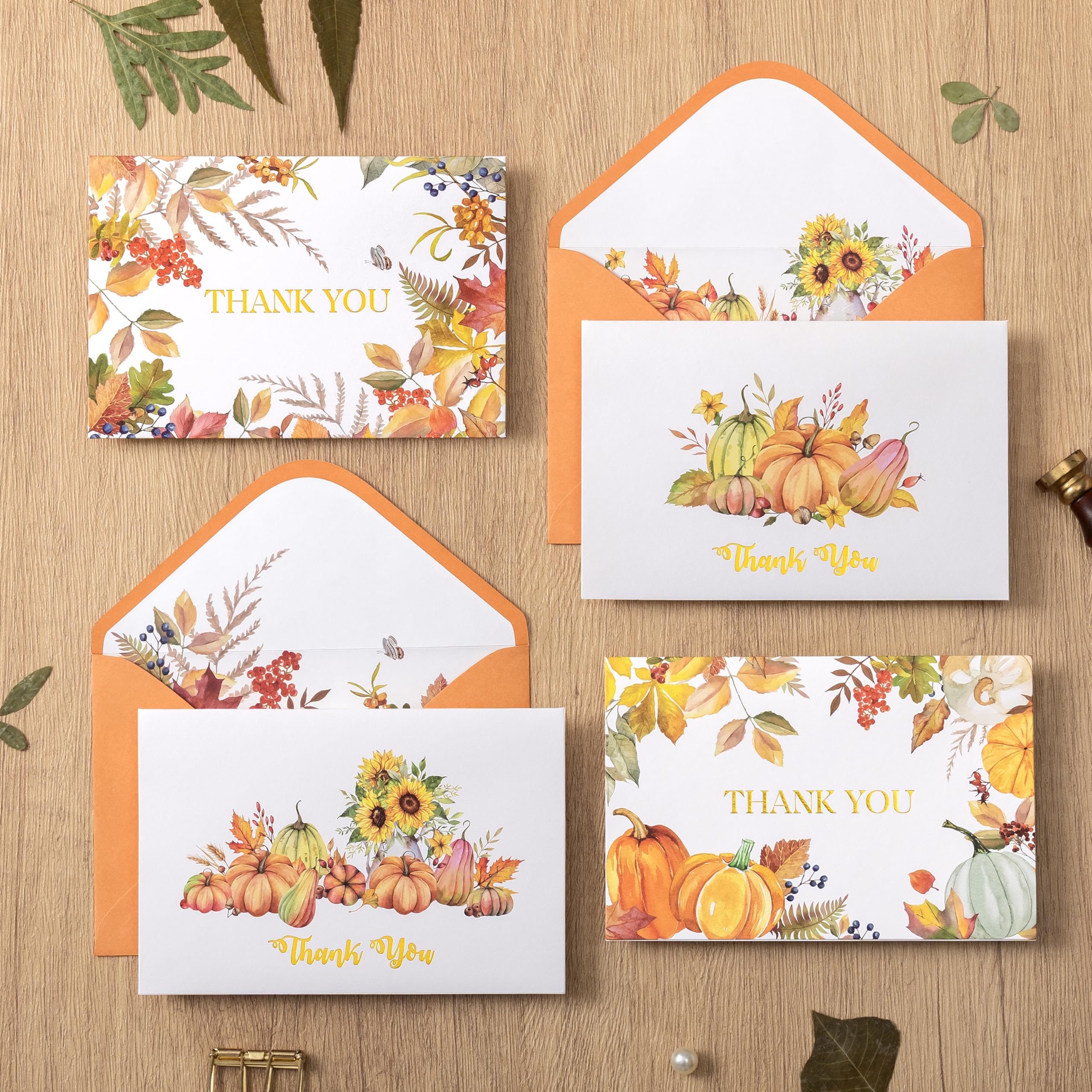 Crisky Lot de 50 cartes de remerciement de mariage d'automne avec enveloppes et autocollants, citrouille, feuilles d'automne vierges pour fête prénuptiale, fête prénatale, Thanksgiving, affaires