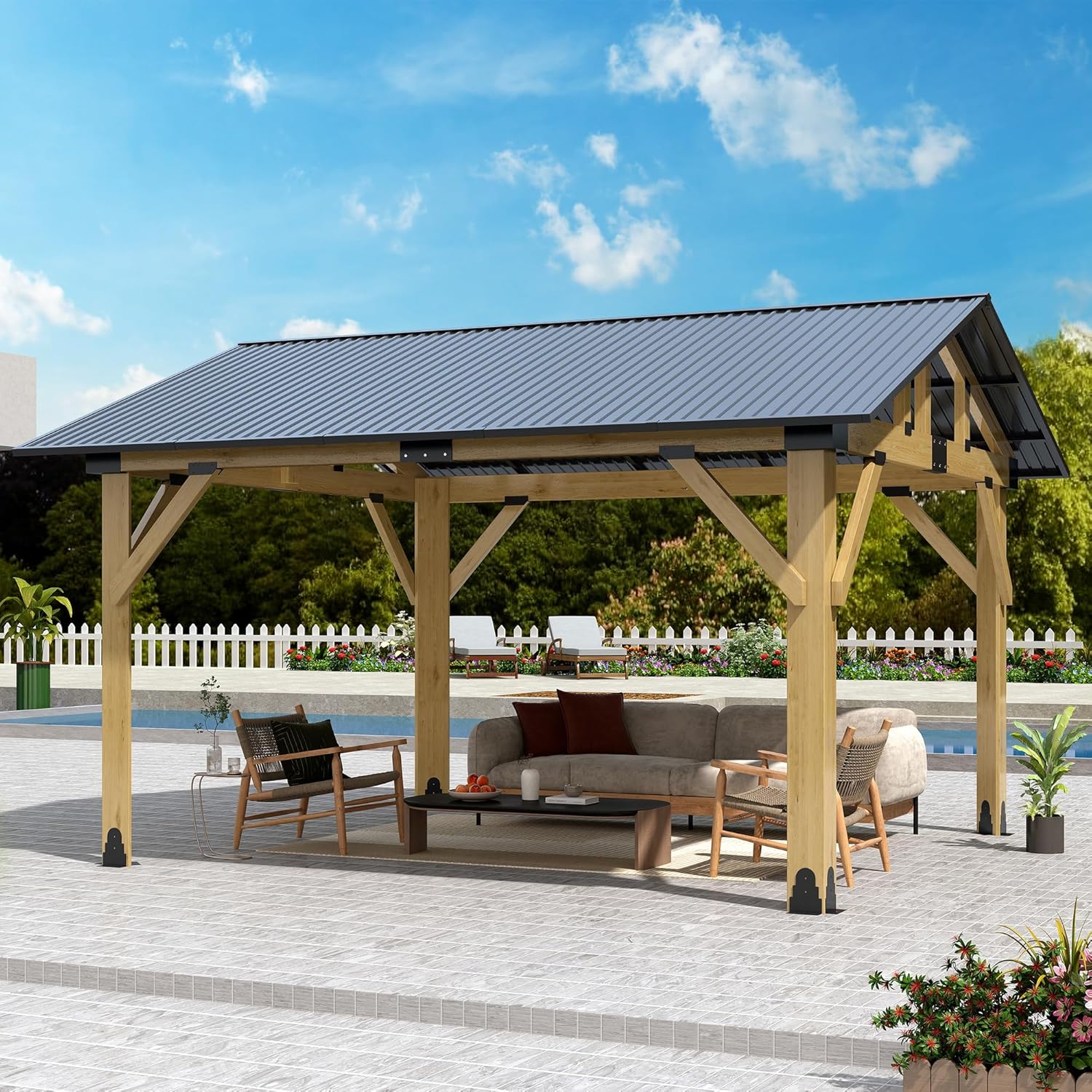 11' x 13' Wood Gazebo, Outdoor Cedar Wood Hardtop Gazebo with Galvanized Steel Roof, Wooden Frame Gazebos for Backyard, Patio, Deck