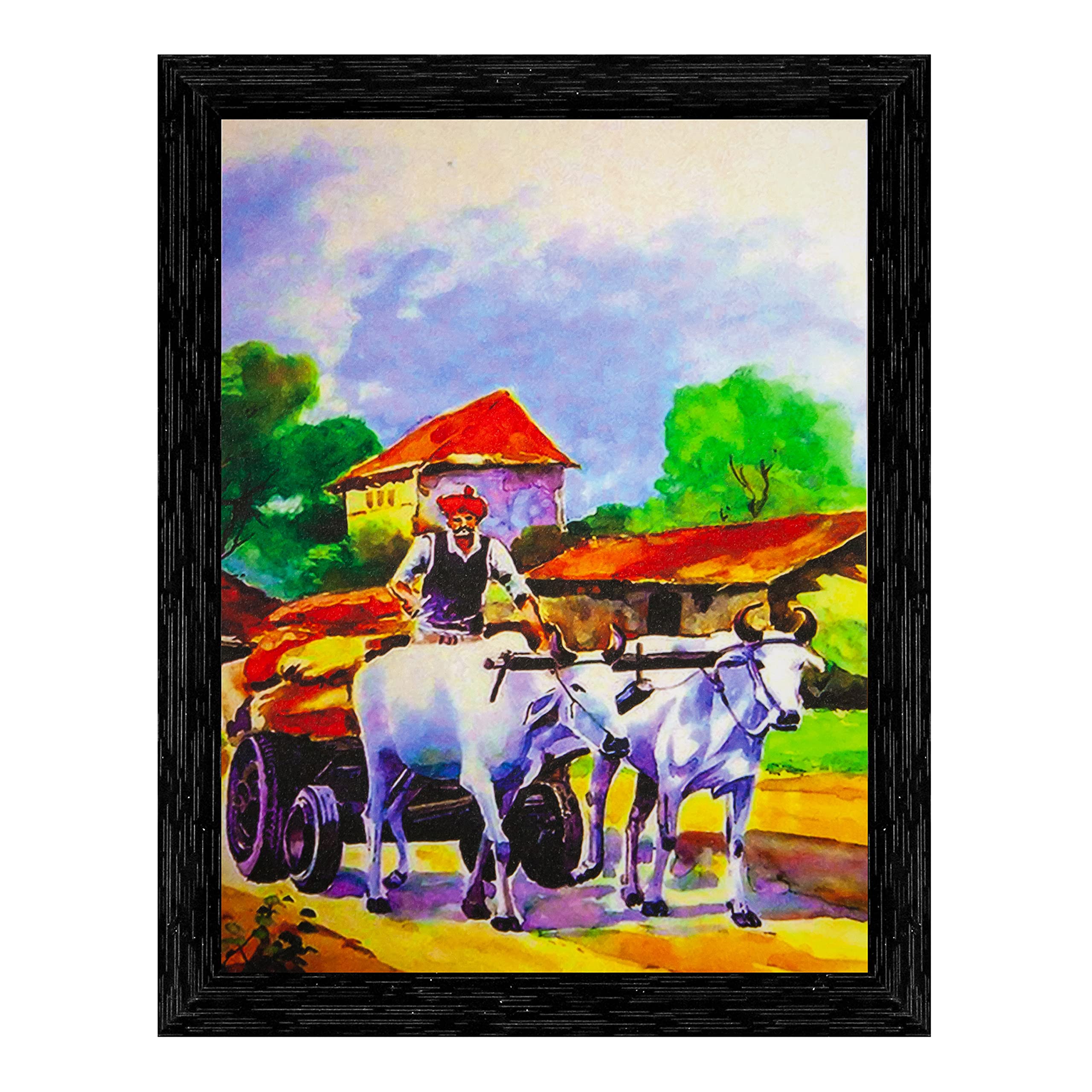 Indianara Zestaw 3 indyjskiej wioski oprawiony obraz artystyczny (3571BK) bez szkła 15 x 33, 25 x 33 cm, 15 x 30 cm