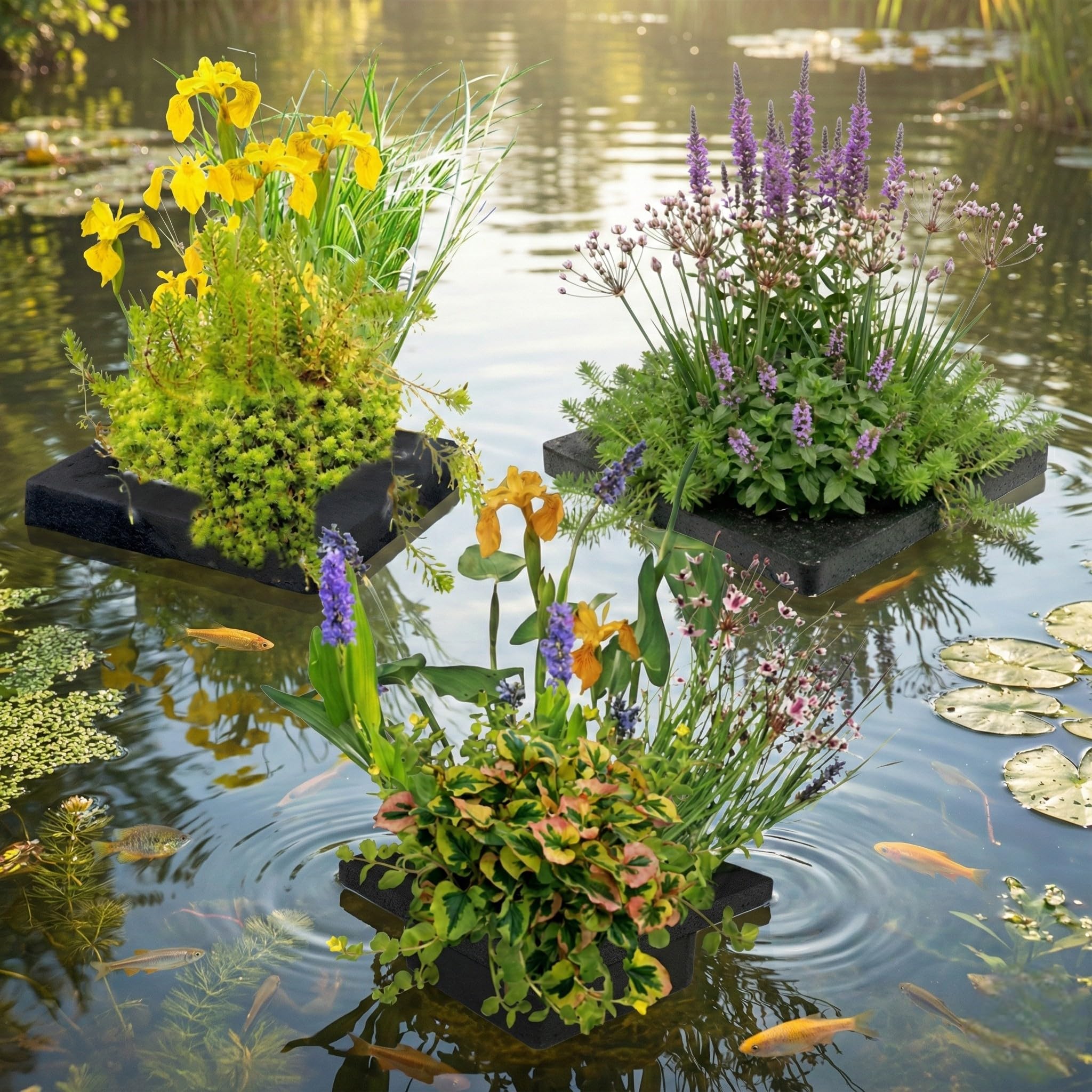 Schwimmende Pflanzinsel Set Teich - 3er Set mit 12 Wasserpflanzen - Komplettset mit Pflanzkorb, Substrat & Dünger - Pflanzinsel für Teichpflanzen