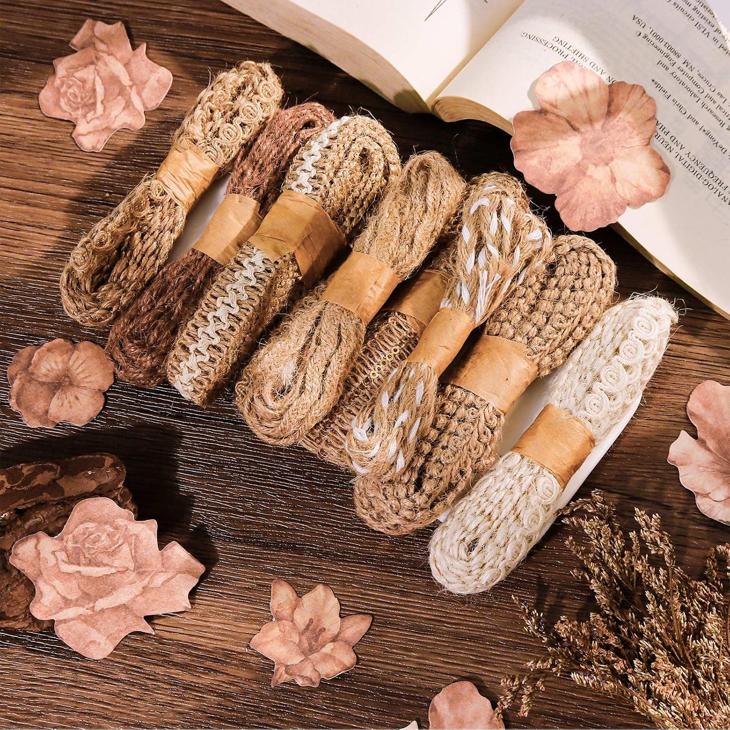 9 Rolls Jute Burlap Lace Ribbon Trim, 18 Meters Decorative Craft Fabric Ribbons for Crafts Wrapping Sewing Wedding Party Decorations
