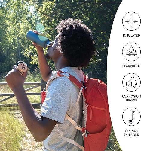 Miniatura 3 de Bambaw Botella de agua aislada de 24 onzas, botella de agua azul para senderismo, botella de agua de acero inoxidable, botella de agua con asa,