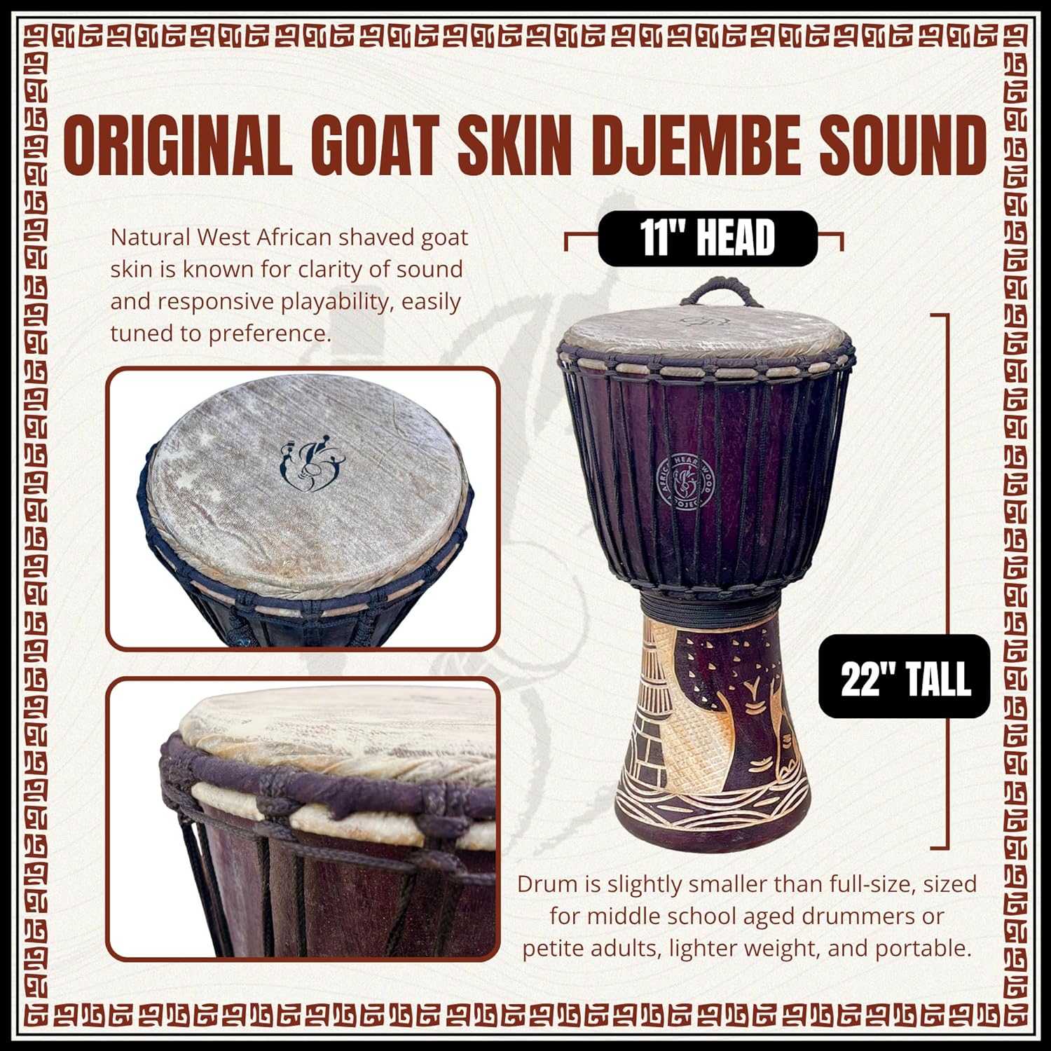 Africa Heartwood Project Hand-Carved Djembe Drum from Ghana - 11"x22" Authentic African Drum Circle Village Djembe - Solid Wood & Natural Goat Skin - Ready to Play Out of the Box Musical Instrument