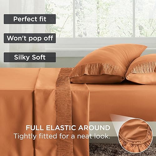 Miniatura 6 de Bedsure Juego de sábanas de tamaño matrimonial, sábanas suaves para cama de tamaño matrimonial, 4 piezas de lujo de hotel naranja quemado, juego de