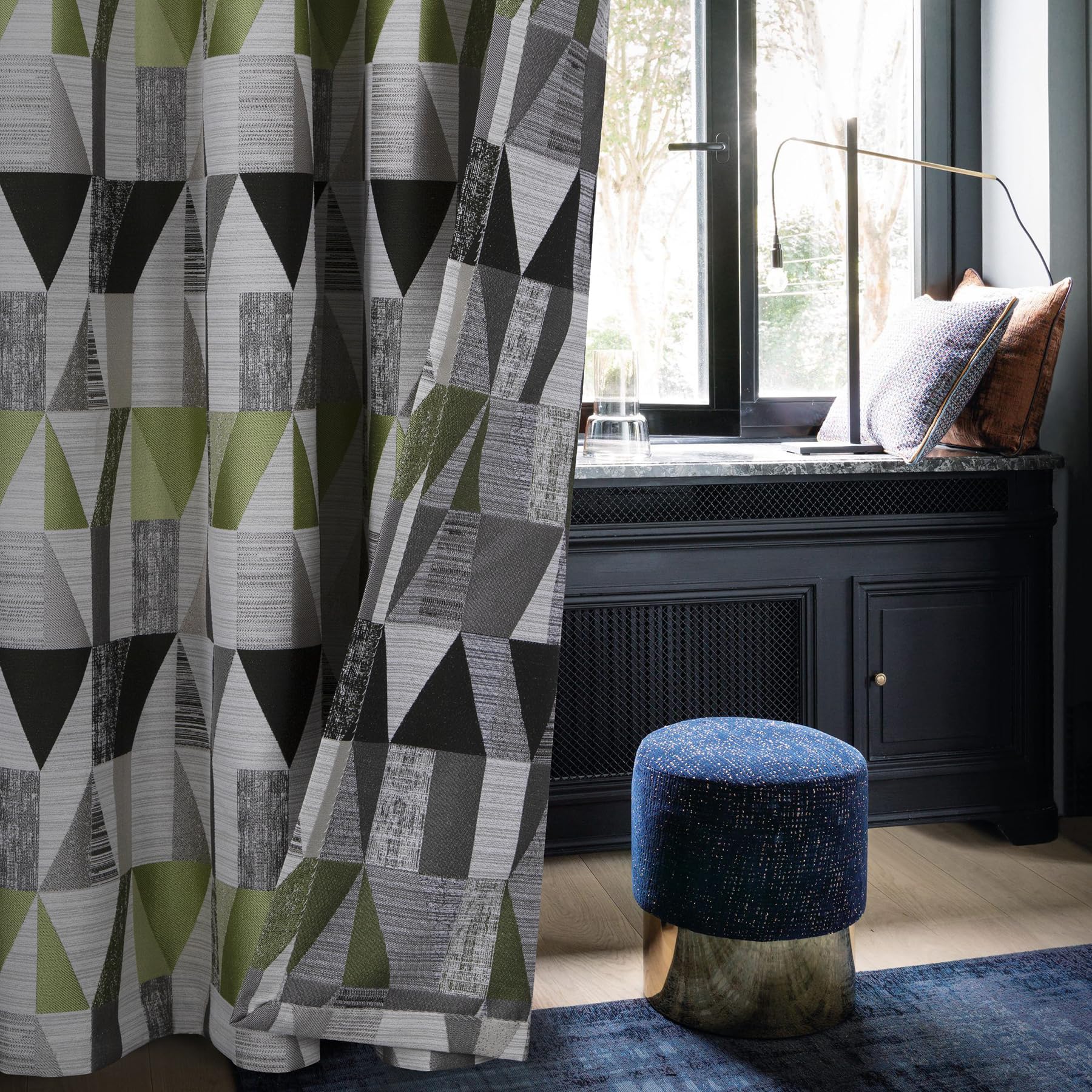 always4u Rideau Occultant à Motifs Géométrique en Faux Lin, Double Rideaux Isolation Thermique à Oeillets pour Salon et Chambre, Moderne, Vert 140x245cm Lot de 2
