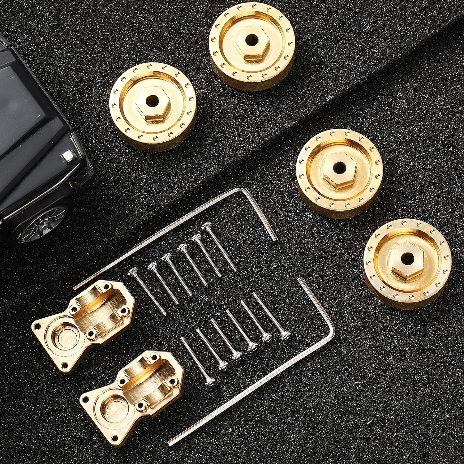 Hotop 4Pcs 10.4g Upgrades Brass Wheel Weights Hex Adapter and 2 Brass Diff Cover Front Rear Heavy Duty Differential Cover Bridge Axle Cover Compatible with Axial SCX24 AXI90081 1/24 RC Car (Gold)