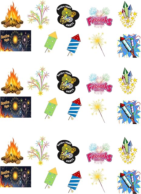 30 Stand Up Bonfire Night Fireworks Themed Wafer Paper Cake Toppers Decorations
