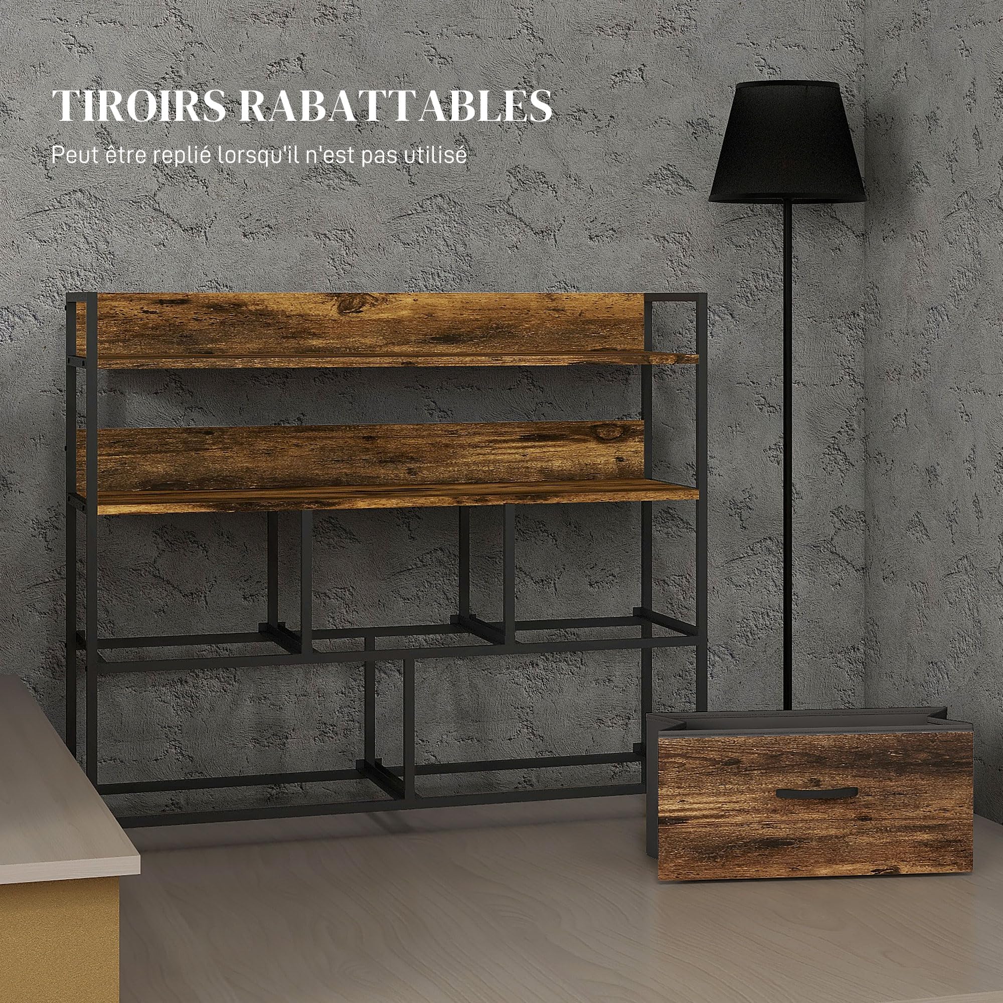 HOMCOM Commode avec 5 Tiroirs en Tissu Pliables, Brun Rustique | Commode Chambre, Meuble de Rangement, Étagères Ouvertes, Plateau, Cadre en Acier, Style Industriel, pour Chambre, Salon