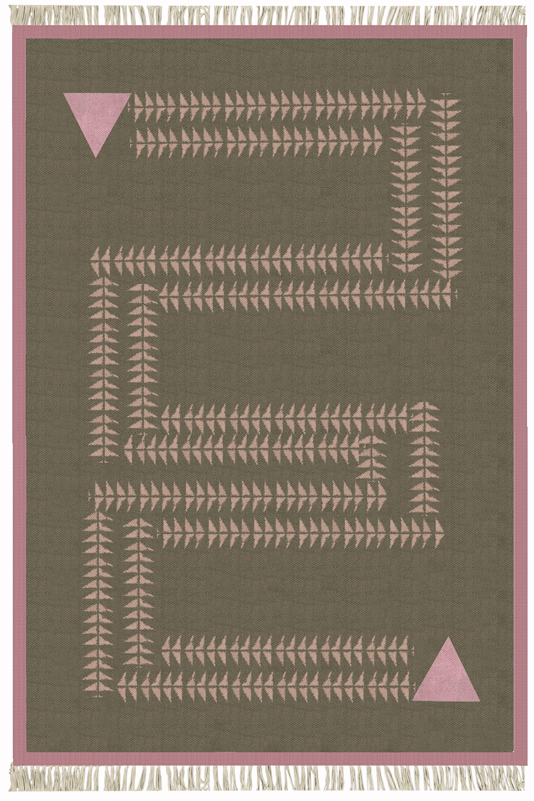 Tapis carré 1,5m en coton géométrique vert et rose Dhurrie tissé main pour salon