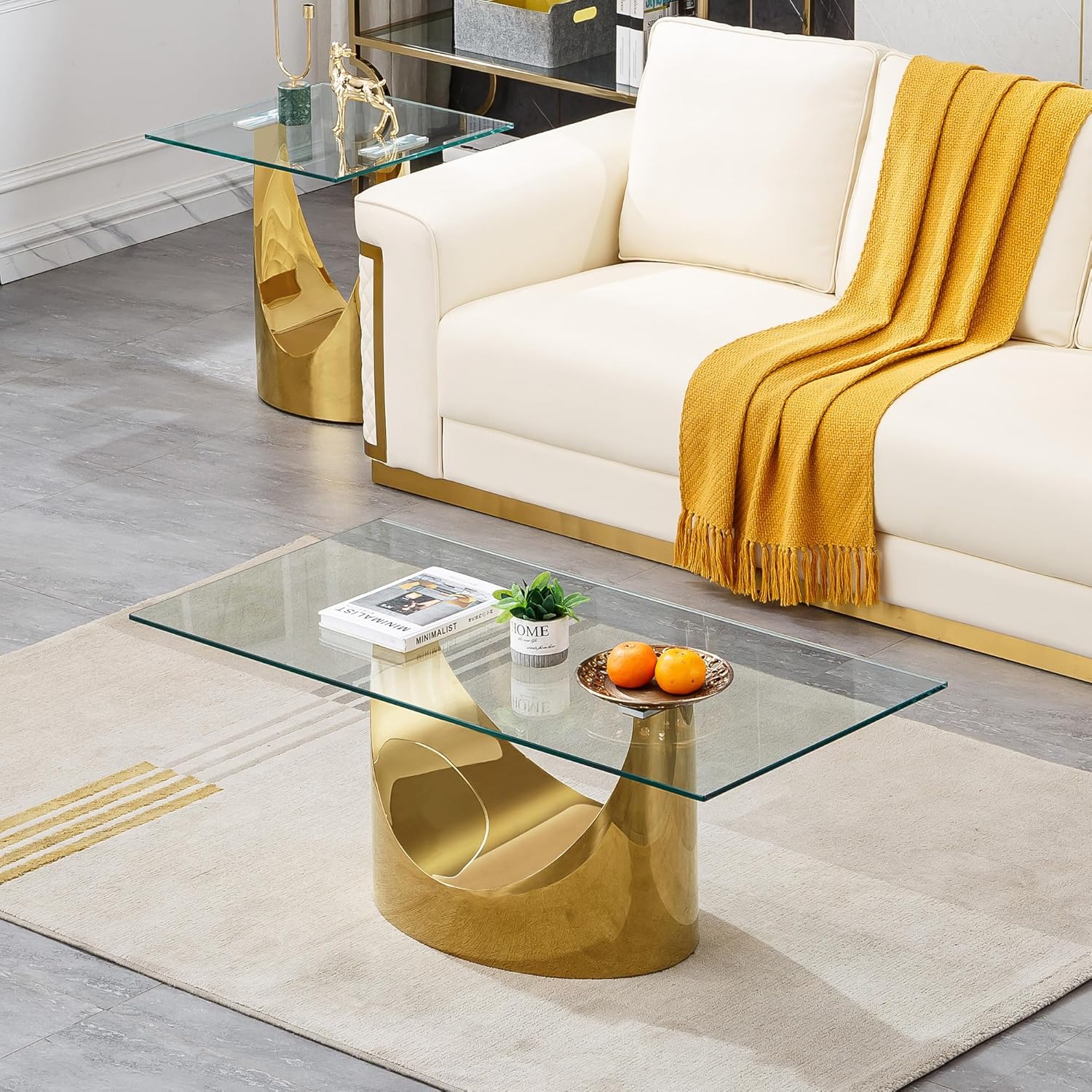 Luxury Gold Glass Coffee Table, Modern 47" Rectangle Coffee Table with Mirrored U-Shaped Stainless Steel Base, Clear Glass Center Tables Accent Cocktail Tables for Living Room Home Office