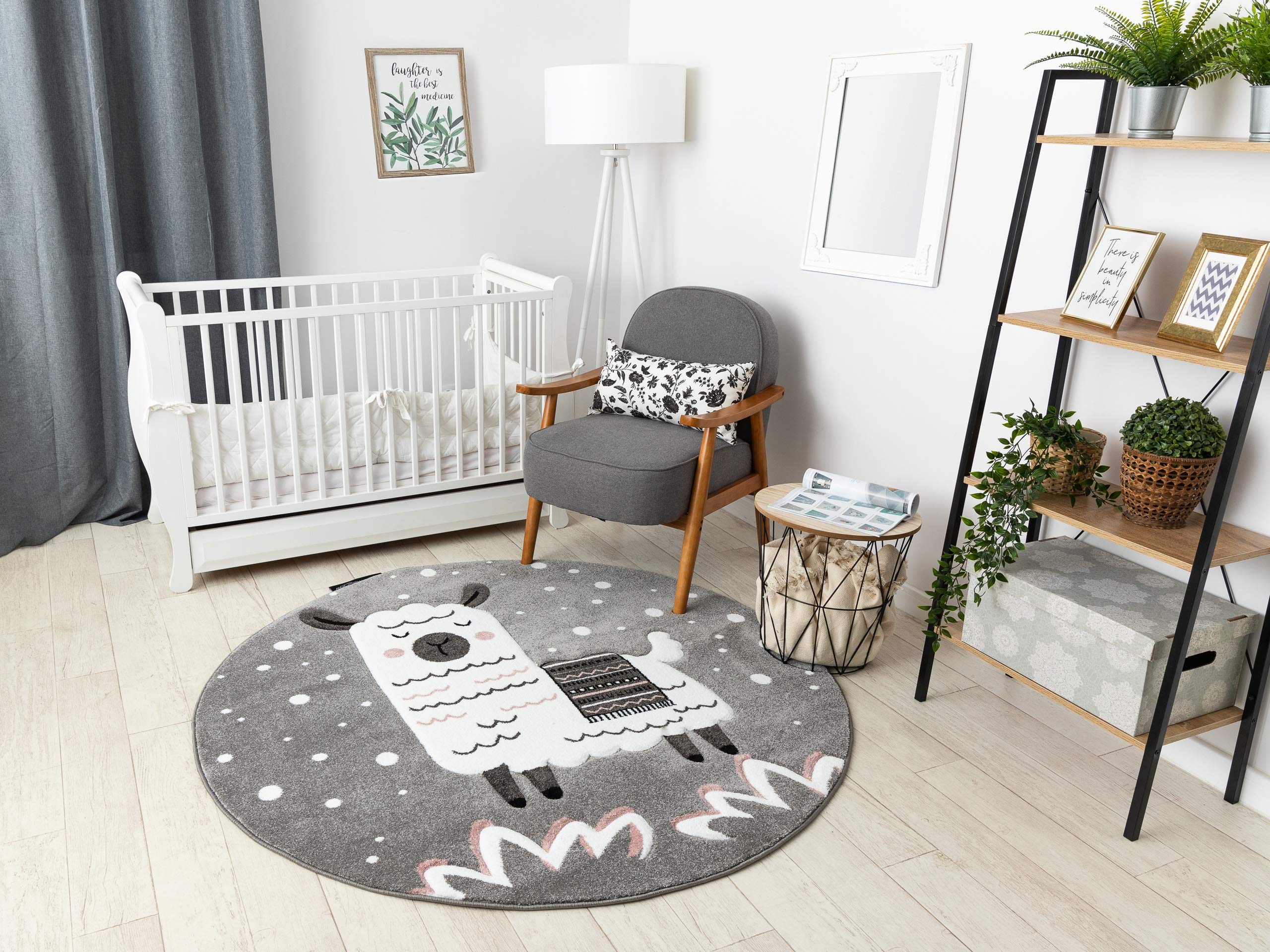 Tapis enfant rond 160cm Lama gris grand tapis de jeux pour chambre bébé