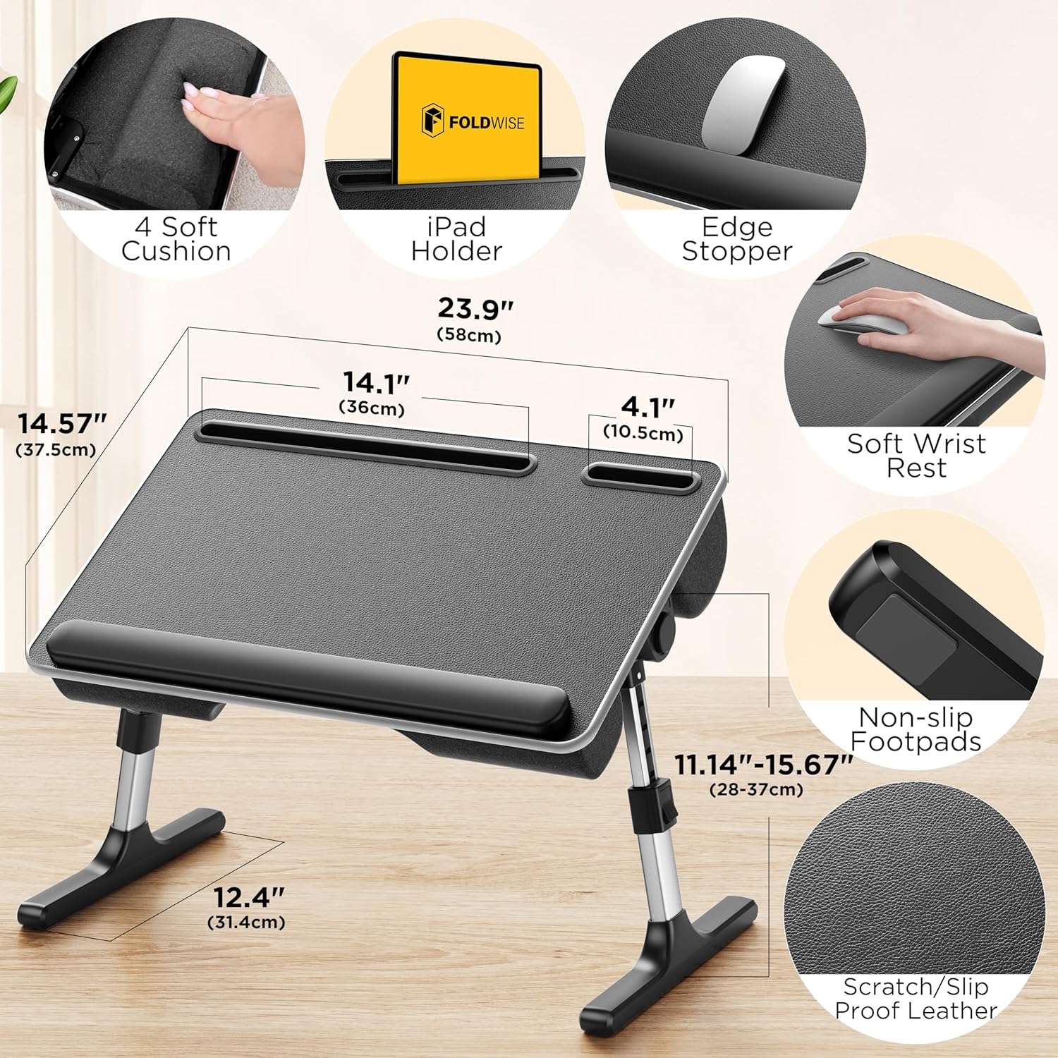 FoldWise 2-in-1 Lap & Bed Desk with Soft Cushions - Adjustable Height & Angle, Foldable Laptop Stand for Bed & Couch - Wrist Rest, iPad Holder, Stopper & Non-Slip Leather - Bed Table for Adults & Kids - Image 2