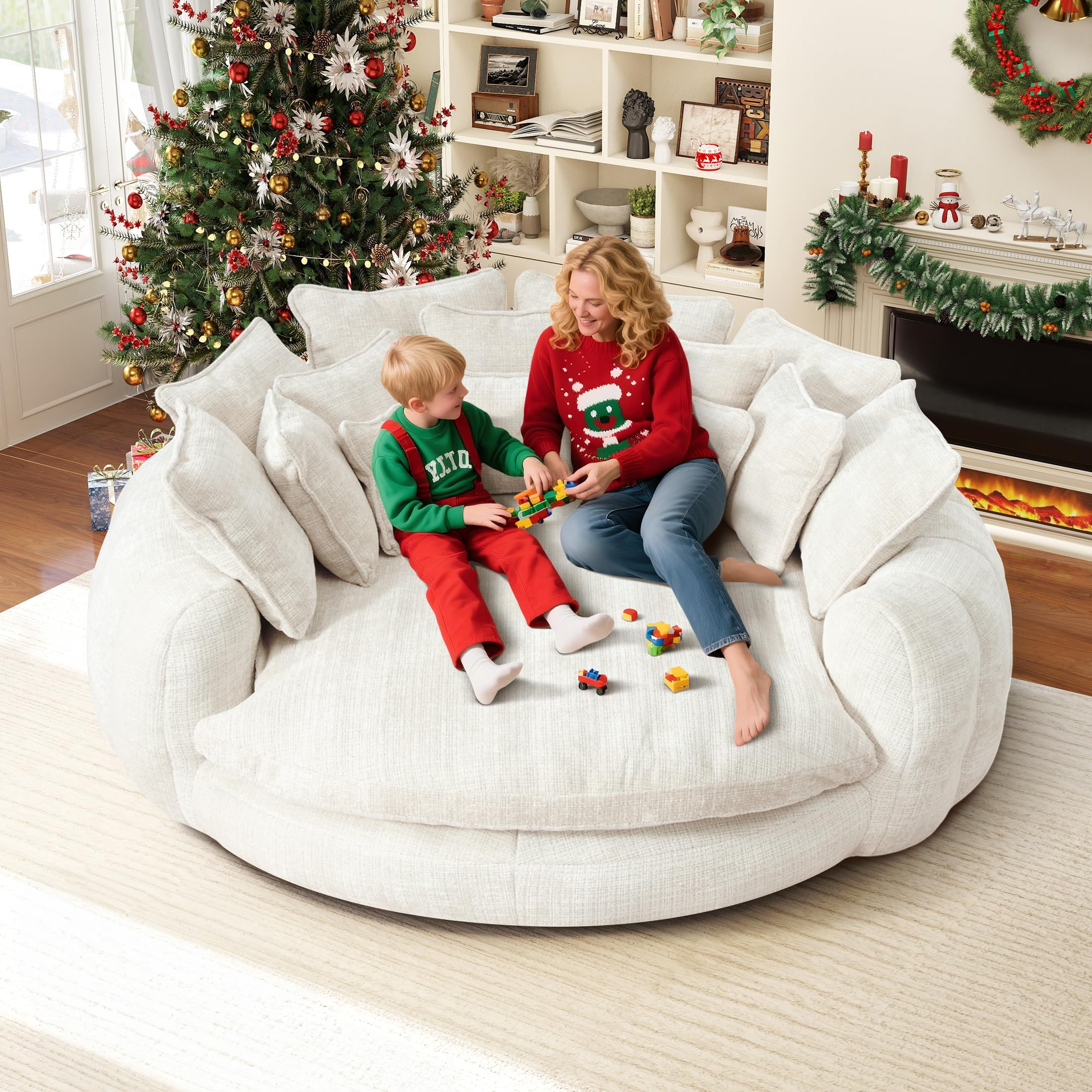 81.1" Cloud Couch Sleeper Sofa, Oversized Round Chaise Lounge Chair Indoor, Modern Chenille Boneless Couch with 14 Pillows, Upholstered Barrel Daybed,