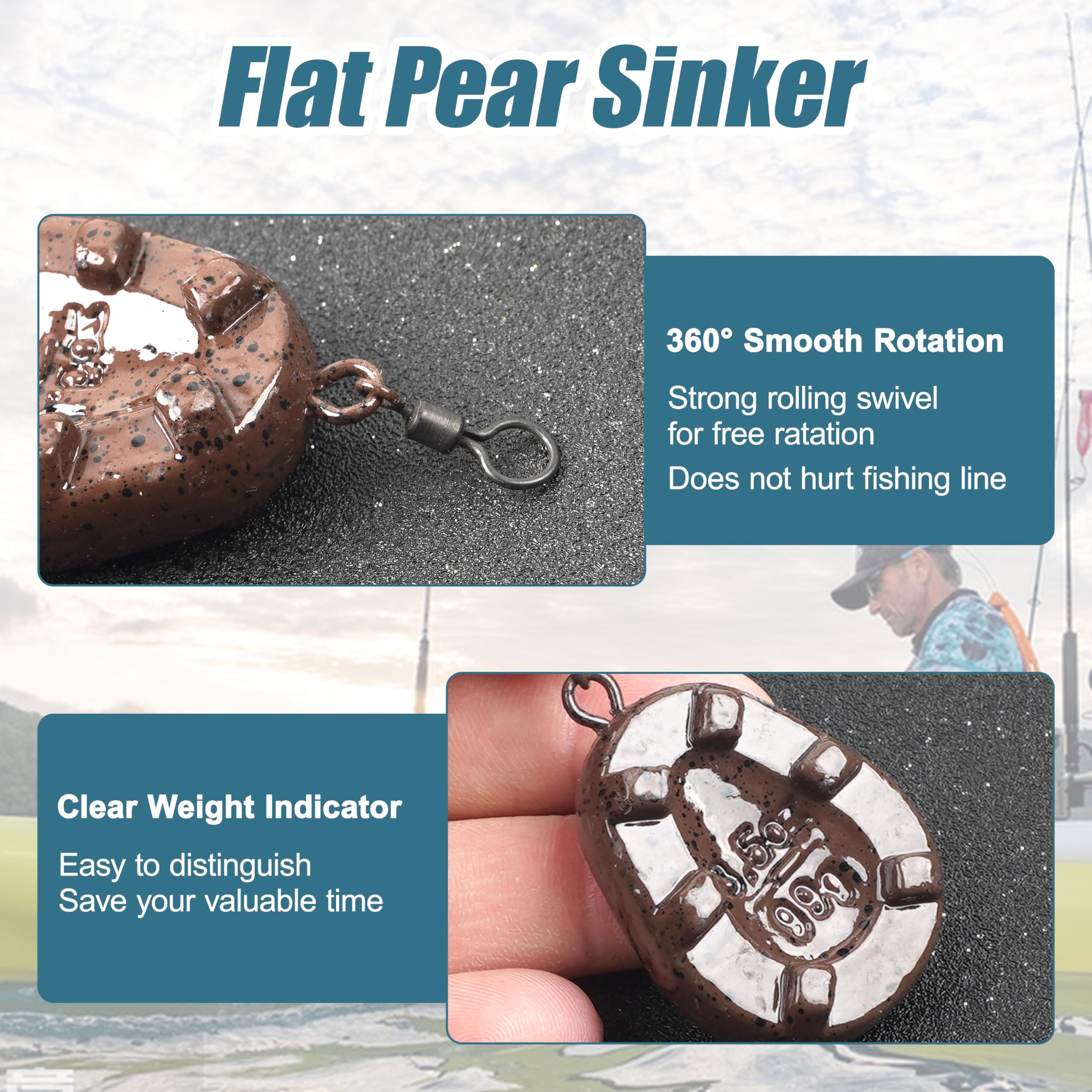 Carp Fishing Weights Sinkers, 4/8pcs Carp Flat Pear Sinker Weight with Rolling Swivels Carp Bass Carp Tackle Rig Carp Sinker Fishing Gear Tackle 2oz 3oz 4oz (Flat Pear Shape, 3oz -8pcs)