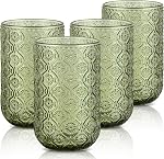 Joeyan Ensemble de verres à boire 4, 410ml/14oz Vintage Embossed Floral Highball verre de l'eau Tumbler, coloré Tall Glassware Boissons tasses pour whiskie, cocktail, bière, jus, thé, vin, multicolore