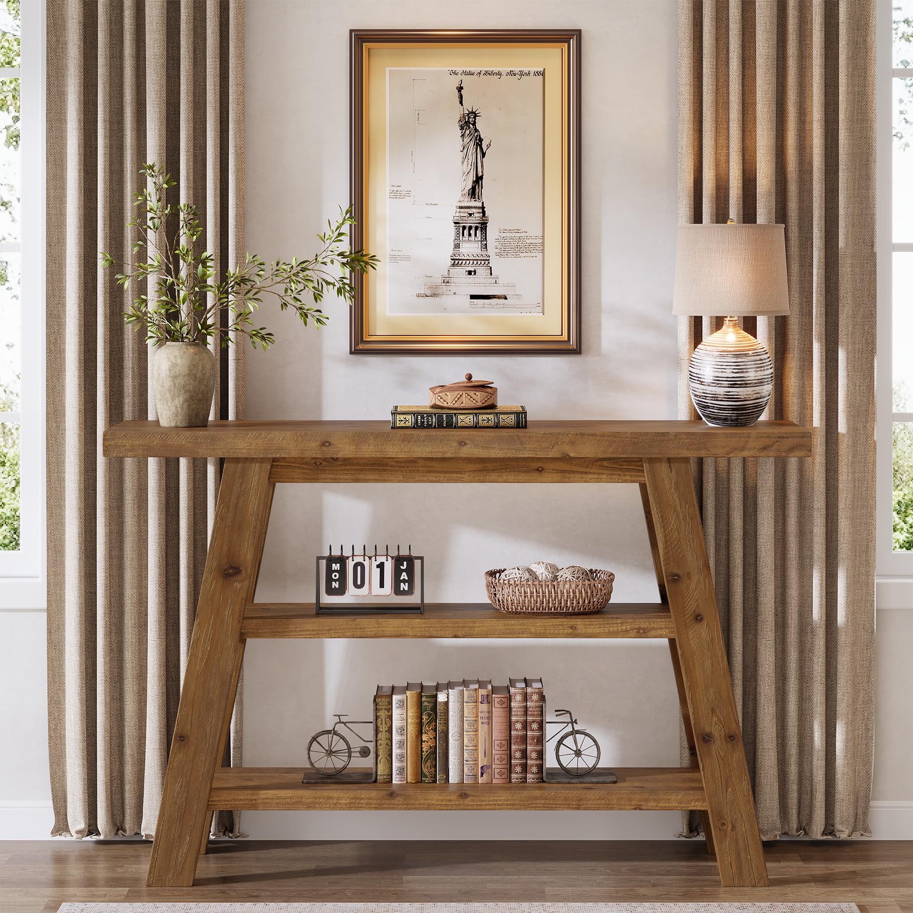 Massivholz-Konsolentisch, 120 cm langer Landhaus-Eingangstisch mit 3-stufigen Regalen, rechteckige Couch-Tische hinter dem Sofa, schmale Akzenttische für Flur, Eingang, Foyer, Wohnzimmer (Braun)