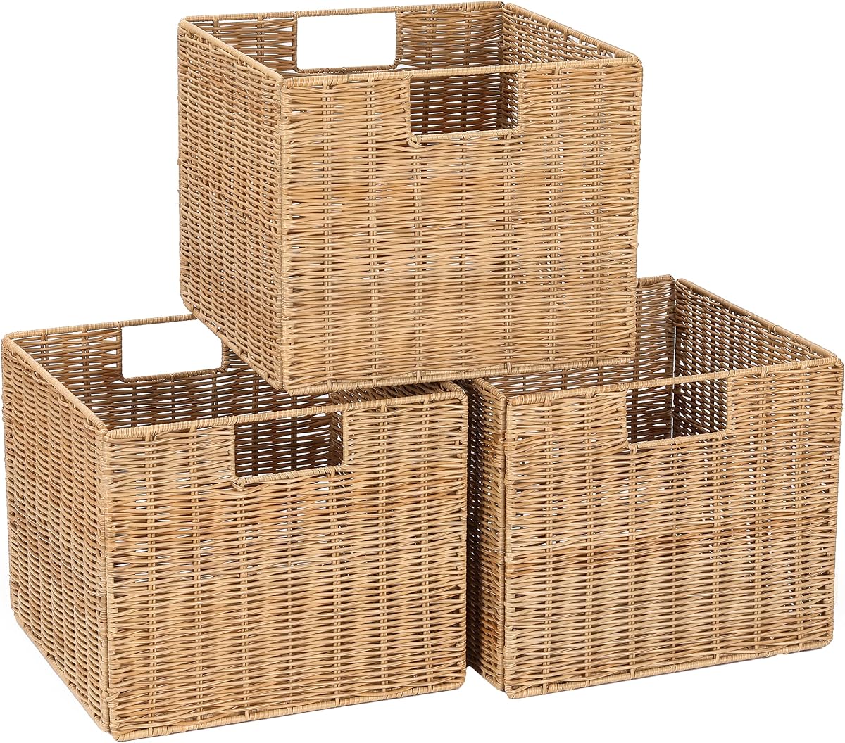 Cesta de almacenamiento de mimbre de plástico de 12.0 x 12.0 x 10.0 in, cubo de almacenamiento plegable de mimbre para estantes, cesta de almacenamiento de plástico tejido para despensa, dormitorio, sala de estar, baño, estantes, paquete de 3