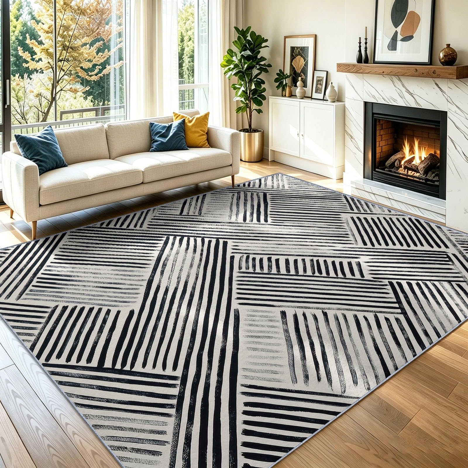 Geometrisch Diagonale Linien Horizontale Linien Teppich, Minimalistisch Modern Teppich, waschbar, 160 x 230 cm - für Wohnzimmer Schlafzimmer weich Büro Esszimmerteppich rutschfest, Schwarzweiß