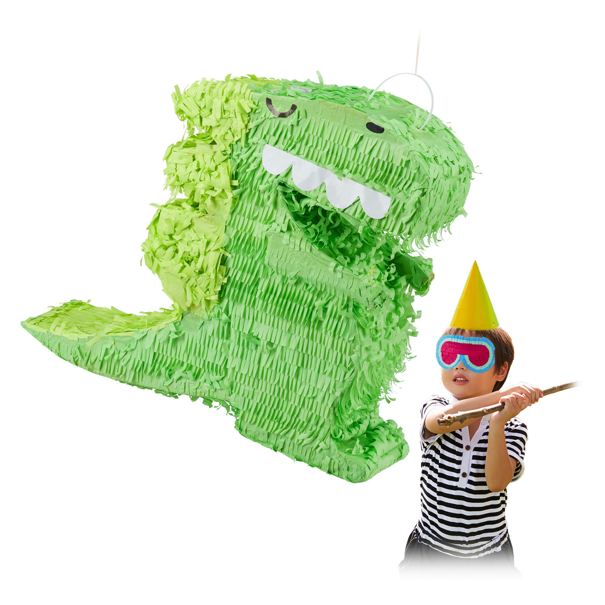 Relaxdays 2 Piñatas Dinosaurio, para Colgar, Fiestas Cumpleaños Niños y Niñas, Forma T-Rex, Dino, Rellenable, Papel, Verde
